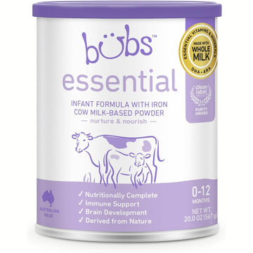 Bubs Essential Infant Formula, with Iron, Cow Milk-Based Powder, for Infants 0-12 Months, Made with Non-GMO Milk, 20 oz