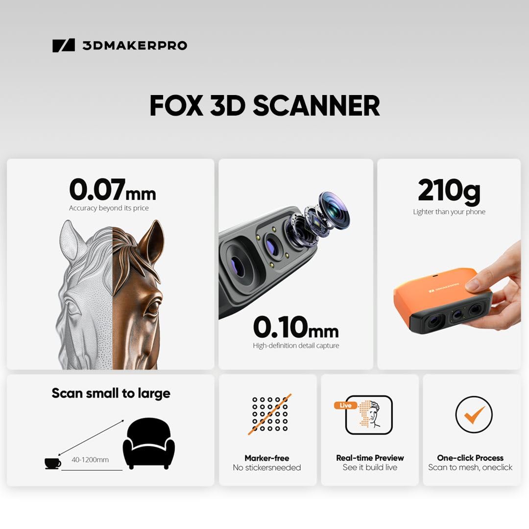 3DMakerpro Fox 3D Scanner, 0.07mm Accuracy 3D Scanner for 3D Printing, Entry-Level Easy Scanning for Small to Large Objects