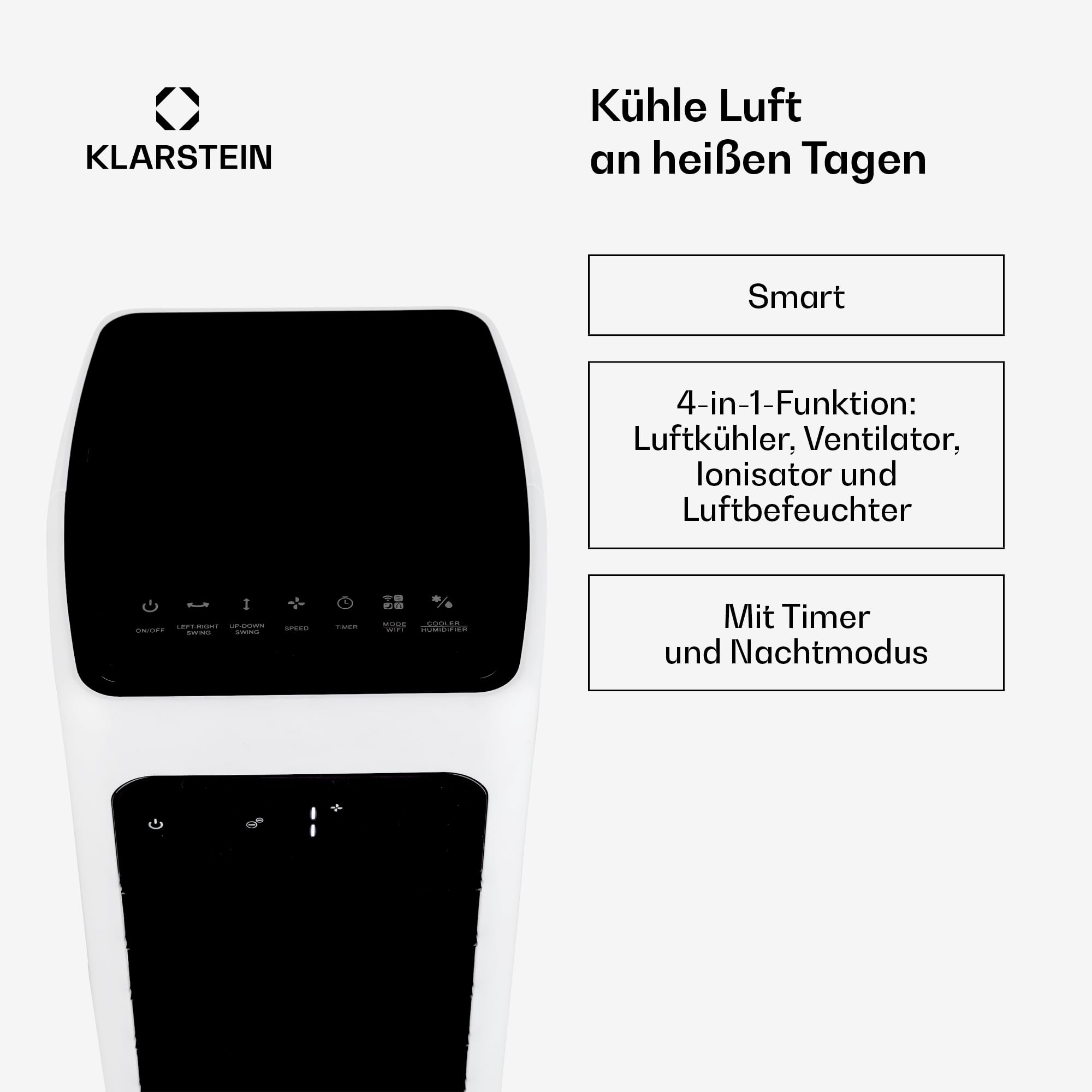 Klarstein Luftkühler mit Wasserkühlung, 5-in-1 Verdunstungskühler, Luftbefeuchter, Ventilator & Luftreiniger, Mobile Klimageräte Luftkühler mit App-Steuerung, 80W Air Cooler, 462m³/h Luftstrom