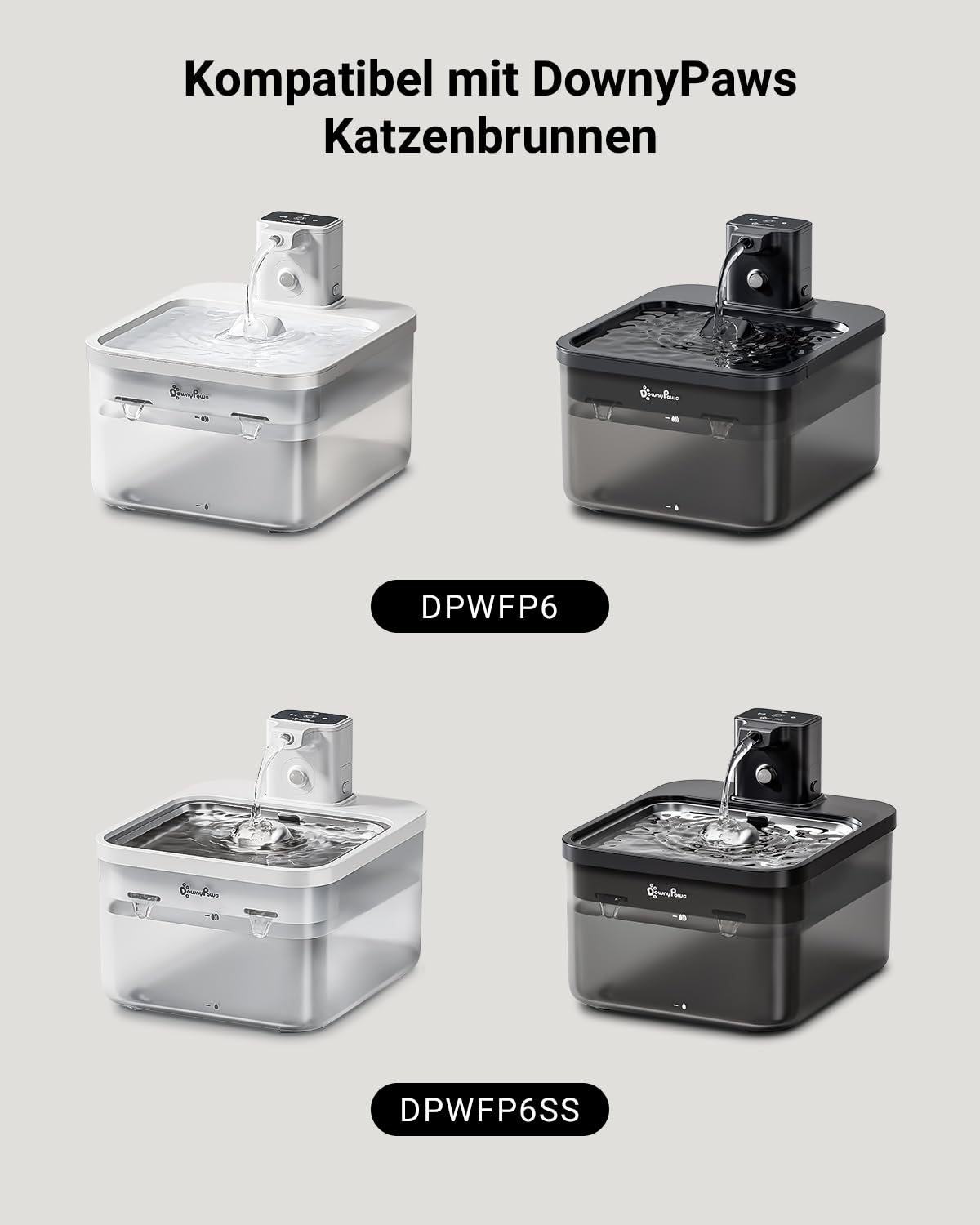 DownyPaws 2.5L Trinkbrunnen für Katze Kabellos, Katzenbrunnen Kabellos mit Bewegungsmelder, Batteriebetrieben Katzentrinkbrunnen, 4000mAh, Leise Wasserpumpe, Tablett aus Edelstahl für Katze, Schwarz