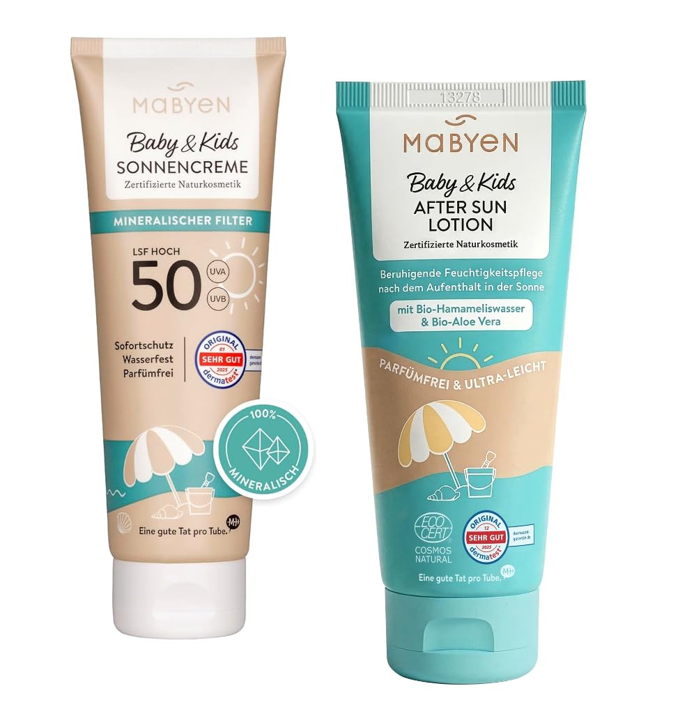 MABYEN Baby & Kids Sonnenspray LSF 50 und After Sun Lotion Set, 100% mineralischer UV-Filter aus Zinkoxid, parfümfrei, COSMOS Natural, 150 ml + 180 ml