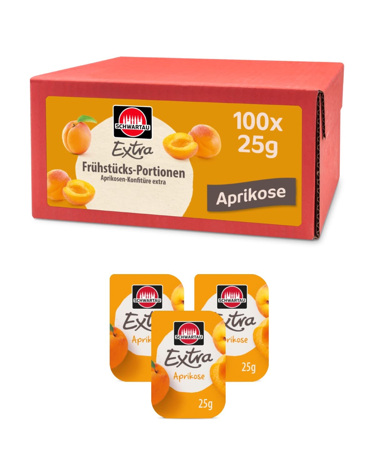 Schwartau Samt Portionen Mix-Box, Konfitüre Portionsschalen (50 x Erdbeere, 25 x Aprikose, 25 x zweierlei Kirsch), Großpackung, 100 x 25g