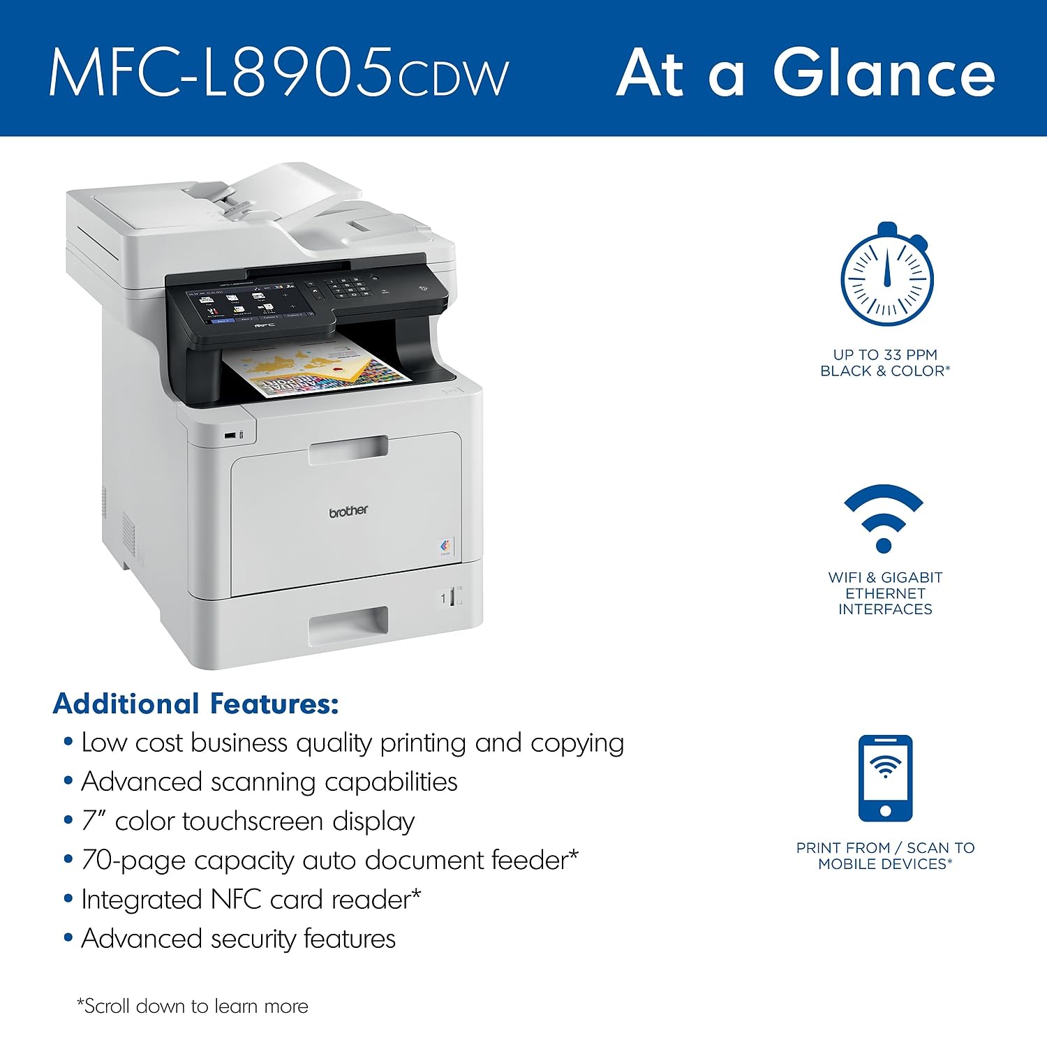 Brother MFC-L8930CDW Business Color Laser All-in-One Printer with Duplex Print, Scan, Copy, Low-Cost Printing, and Advanced Security Features