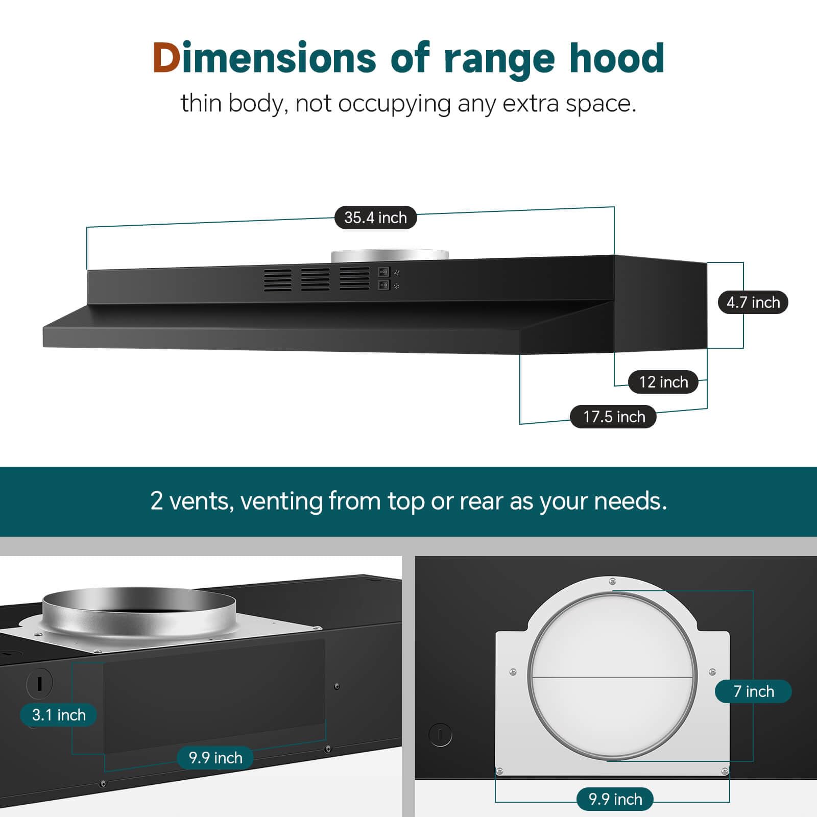 SNDOAS Range Hood 30 inch Under Cabinet, Ducted/Ductless Convertible Kitchen Hood, Stainless Steel Vent Hood with LED Light,Under Cabinet Hood with 2 Speed Exhaust Fan,Black