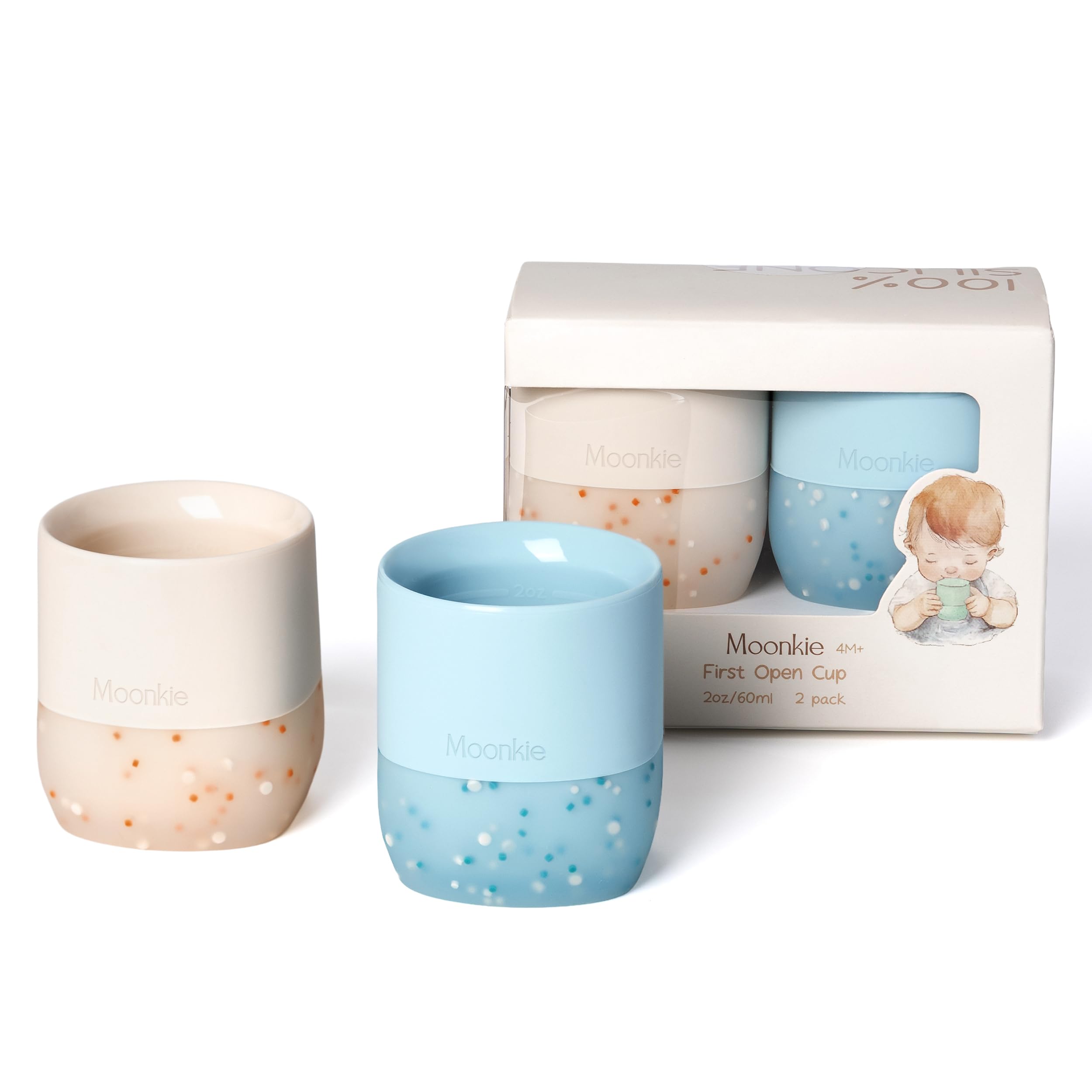Moonkie Trinklernbecher Baby Silikon | 2er-Pack Offener Lernbecher ab 4 Monate | BPA-frei | mit Messskala | 60ml Tiny Cup(Äther/Mint)