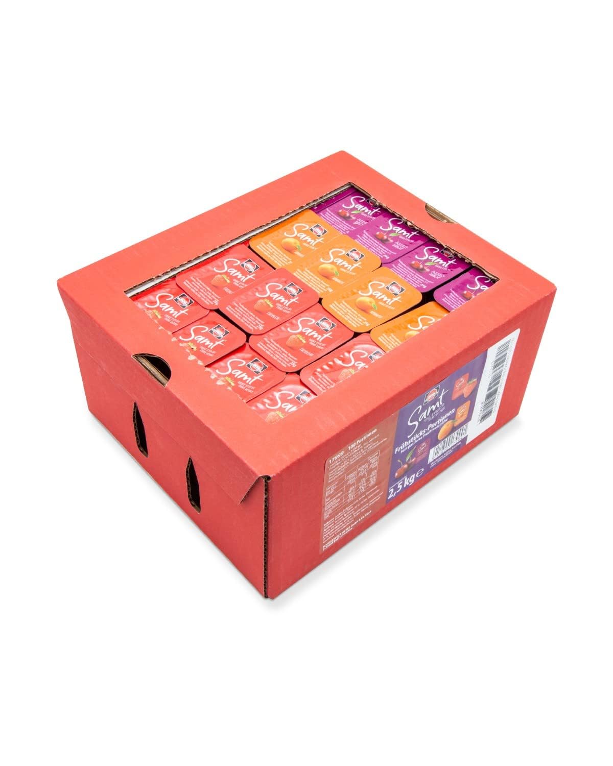 Schwartau Samt Portionen Mix-Box, Konfitüre Portionsschalen (50 x Erdbeere, 25 x Aprikose, 25 x zweierlei Kirsch), Großpackung, 100 x 25g