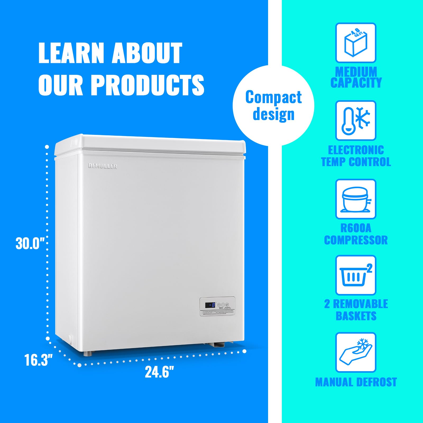 Mini Chest Freezer Compact Deep Freezing Machine with Electronic Temperature Control (Accurate to 1 ℉) Freestanding Small Freezer with 2 Removable Storage Baskets Black