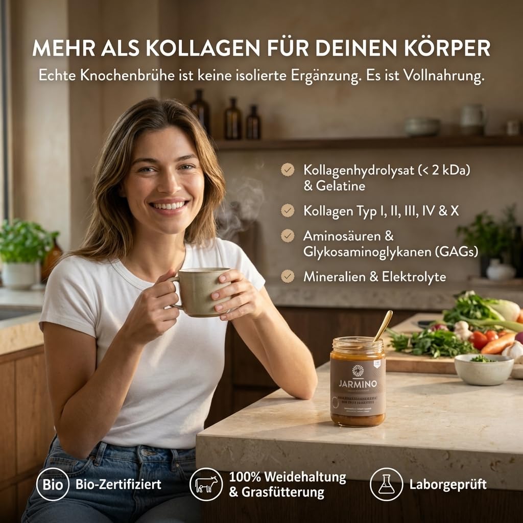 JARMINO Bio Rinderknochenbrühe Konzentrat, Grasgefütterte Brühe für Menschen, Flüssige Knochenbrühe mit Kollagenprotein, Keto, Paleo & AIP geeignet, Rinderbrühe, 440 g, 44 Portionen