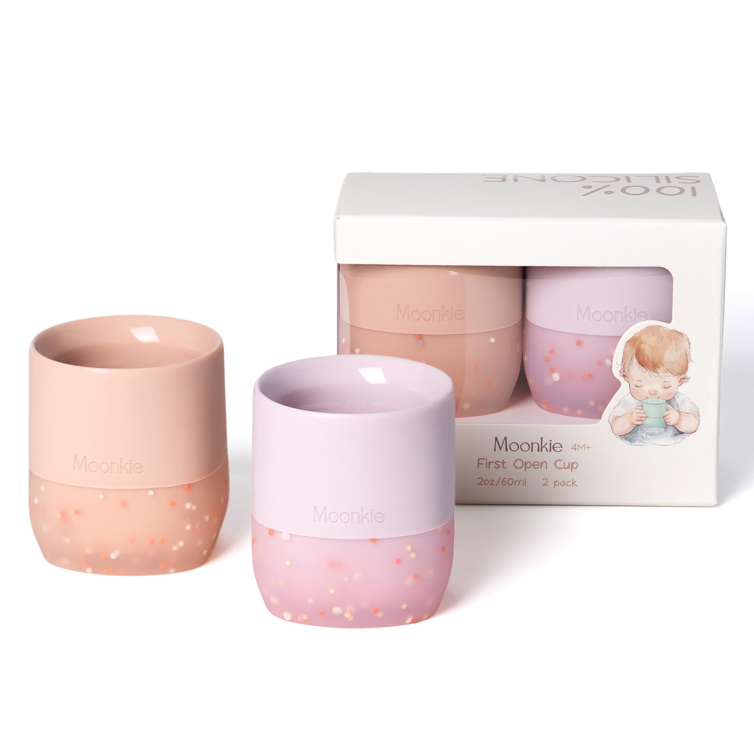 Moonkie Trinklernbecher Baby Silikon | 2er-Pack Offener Lernbecher ab 4 Monate | BPA-frei | mit Messskala | 60ml Tiny Cup(Äther/Mint)