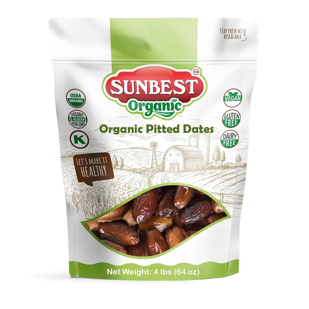 Sunbest Natural Deglet Noor Organic Dates, 4 lbs – Pitted & Whole – Bulk Dried Fruit Snack For Kids & Adults – Naturally Sweet For Baking & Cooking – Chewy, Fiber Rich, Kosher & No Sugar Added (64 oz)