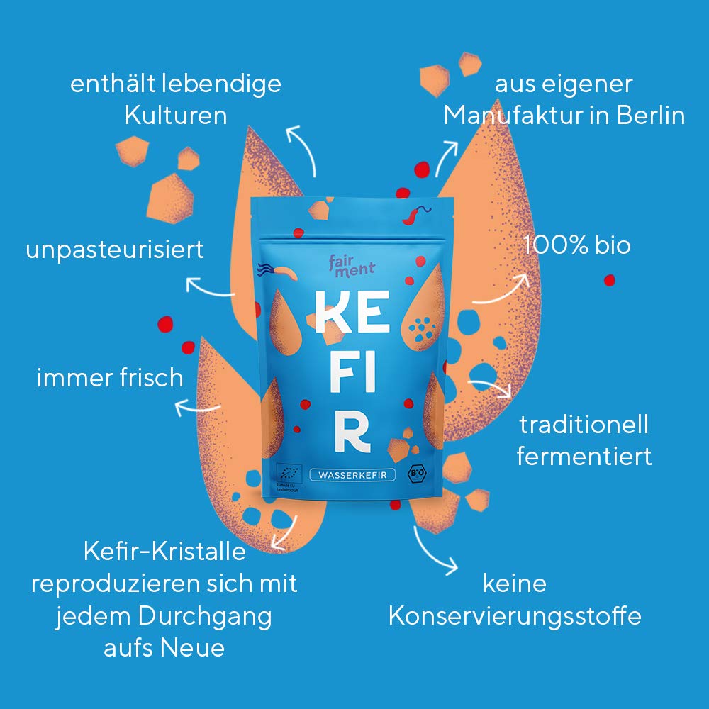 Fairment® - Original Bio Wasserkefir Kristalle Starterkulturen für unendlich viel Wasser-Kefir mit Anleitung und Erfolgsgarantie (1 Liter (30g Kristalle)