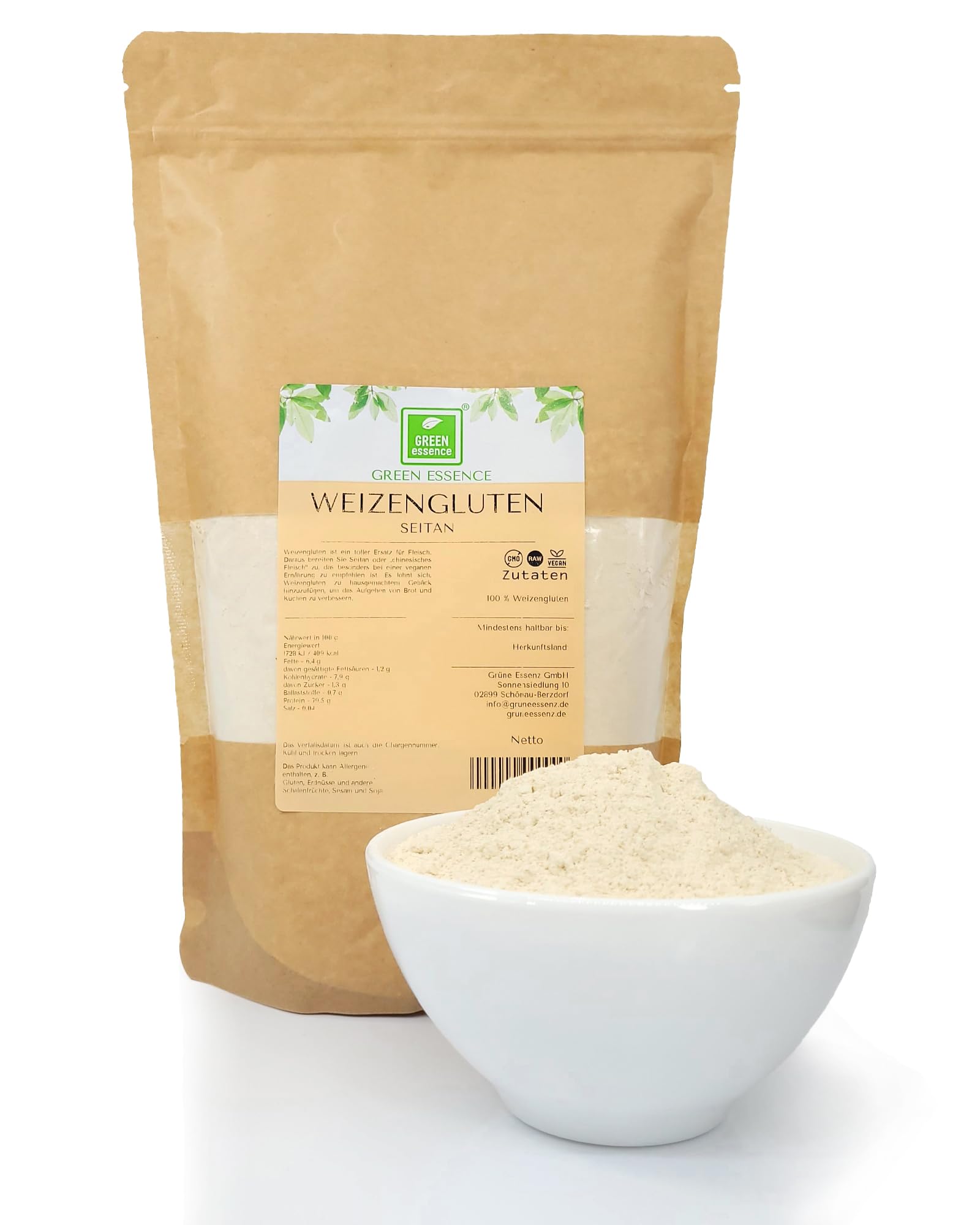 Weizengluten von der Grünen Essenz - veganer Fleischersatz - Seitan Basis Pulver - Weizenkleber low carb - natürliches Verdickungsmittel - rein pflanzlich - Weizeneiweiß
