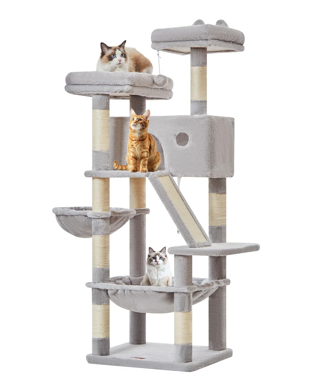 Taoqimiao 180CM Kratzbaum Groß, Katzenbaum Katzen Kratzbaum Grosse Katzen Stabil mit 2 Katzenhaus, Metallhängematte, Korb, 8 Kratzsäulen, Katzenkratztafel, MS026LM Beige