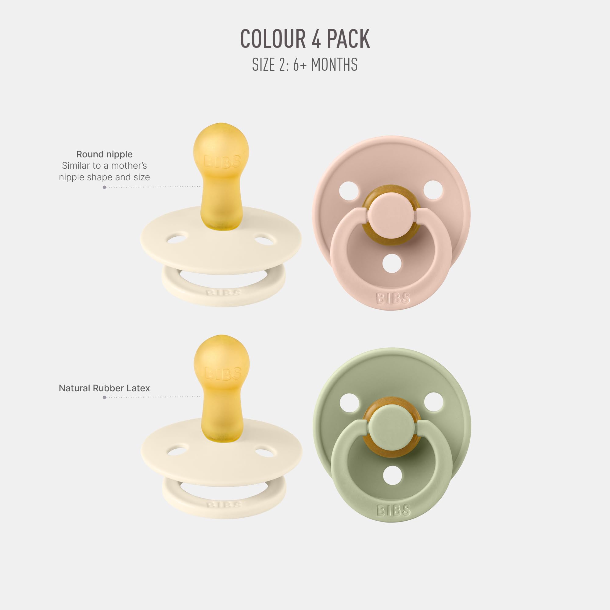 BIBS Colour Schnuller 4er-Pack, BPA-frei, Kirschform Nippel. Naturkautschuk/Latex, Hergestellt in Dänemark. 6-18 Monate (4er Pack), Iron Mix