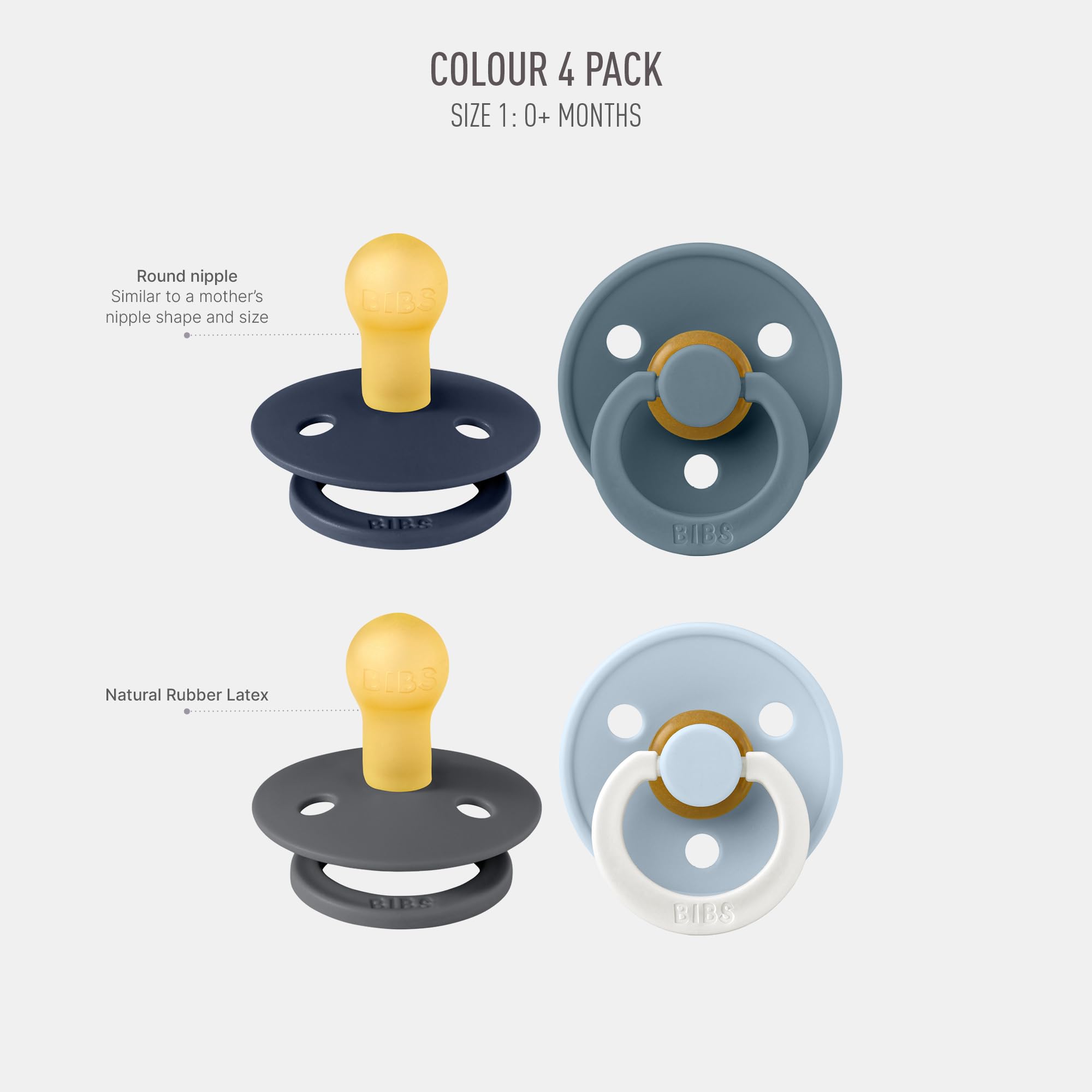 BIBS Colour Schnuller 4er-Pack, BPA-frei, Kirschform Nippel. Naturkautschuk/Latex, Hergestellt in Dänemark. 6-18 Monate (4er Pack), Iron Mix