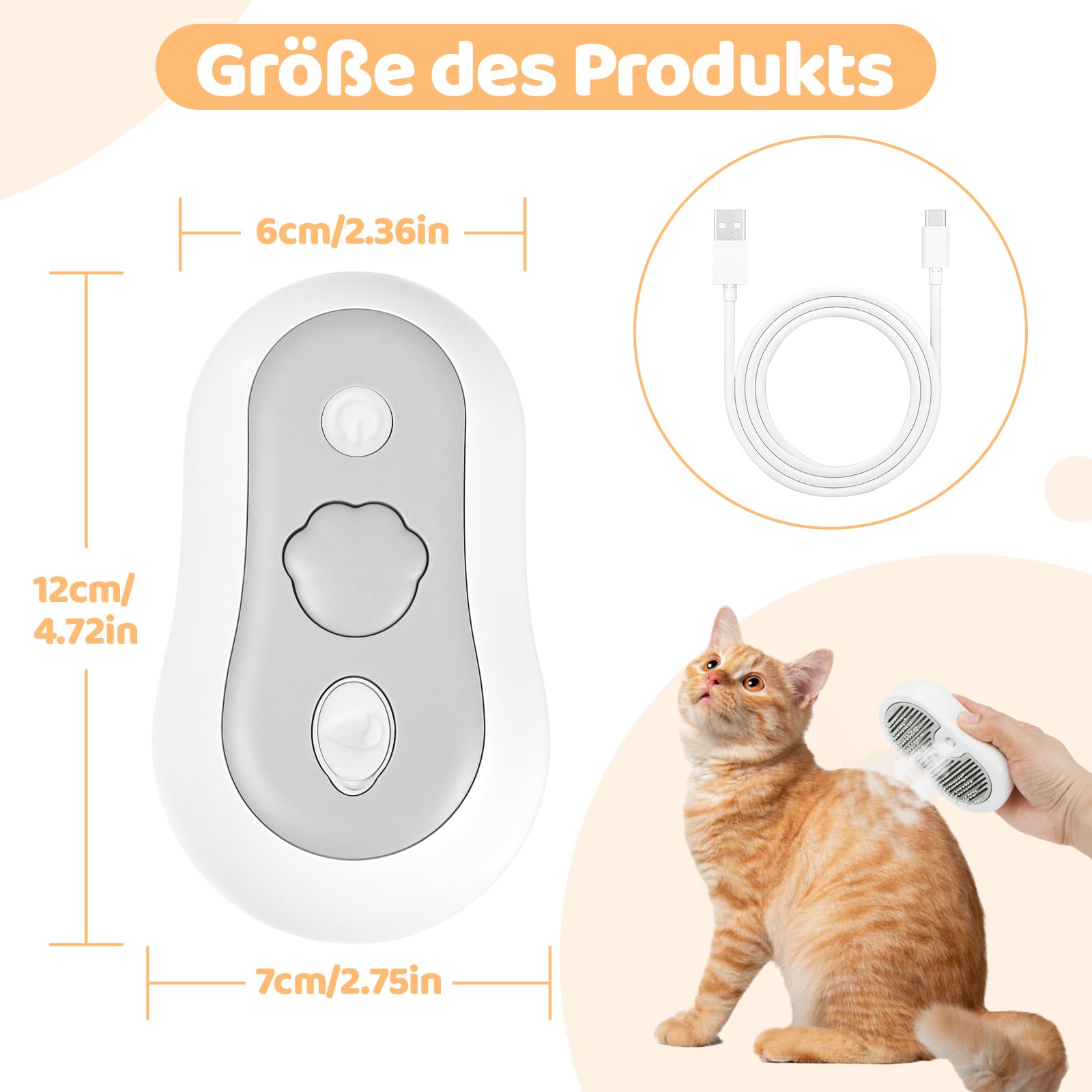 Nepfaivy Katzenbürste mit Dampf für Kurzhaar und Langhaar - Wiederaufladbare Katzen Bürste mit Auslöseknopf, Dampfbürste für Katzen und Hunde zum Entfernen von Losen Haaren und Schmutz