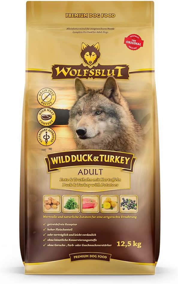 WOLFSBLUT – Wild Duck Adult | Trockenfutter mit natürlichen Zutaten und Superfoods für ausgewachsene Hunde. Getreidefreies Alleinfutter ohne Zusatzstoffe im Beutel | 12,5kg Ente