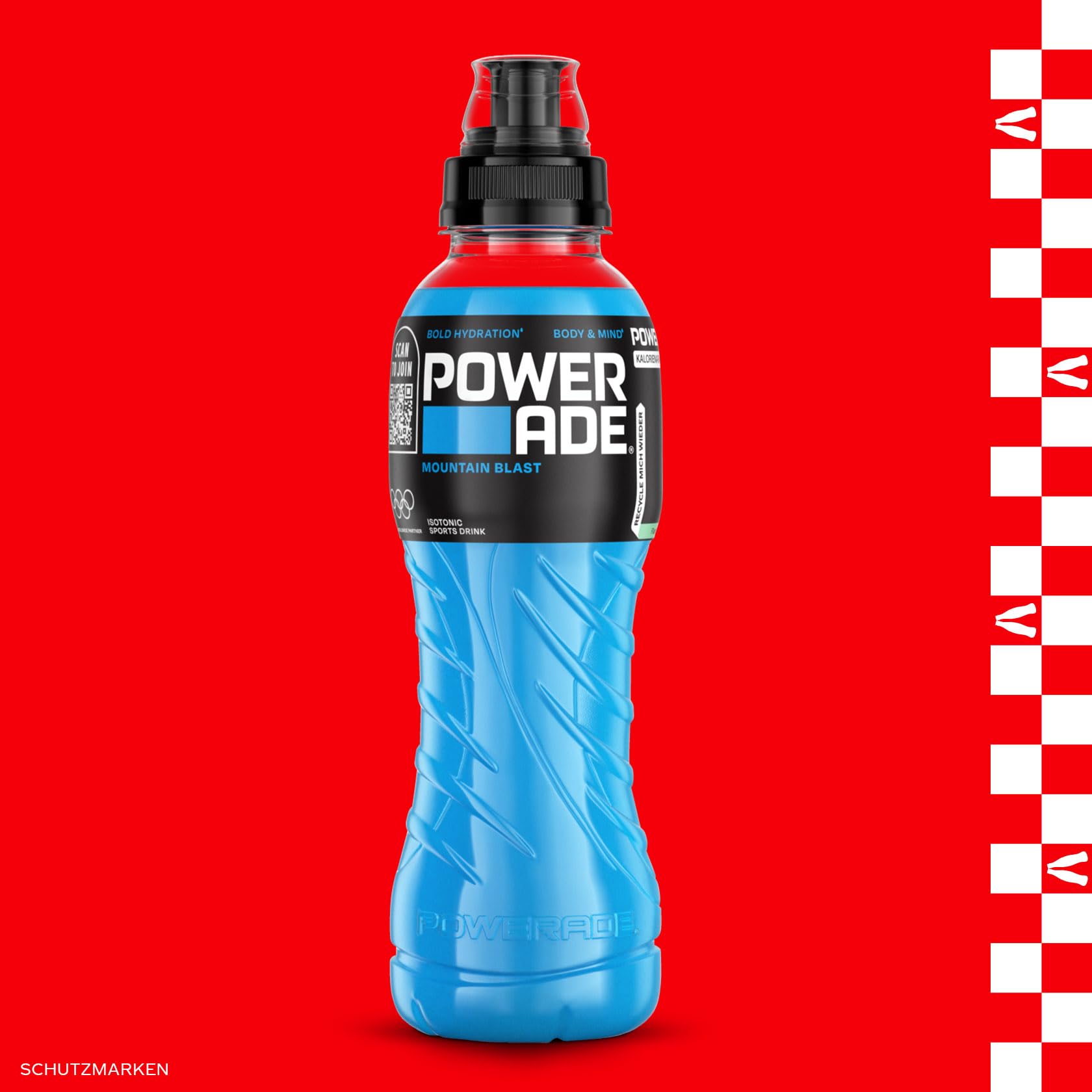Powerade Sports Mountain Blast, kalorienarmes Sportgetränk mit Fruchtmix-Geschmack, mit Elektrolyten, Sport Drink in stylischen Einweg Flaschen (12 x 500 ml)