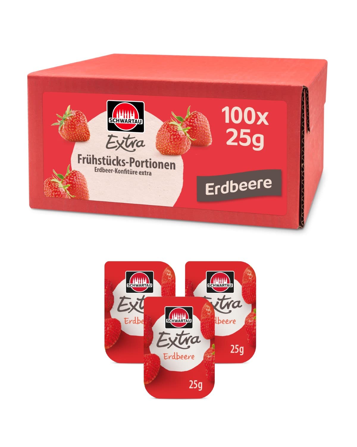 Schwartau Samt Portionen Mix-Box, Konfitüre Portionsschalen (50 x Erdbeere, 25 x Aprikose, 25 x zweierlei Kirsch), Großpackung, 100 x 25g