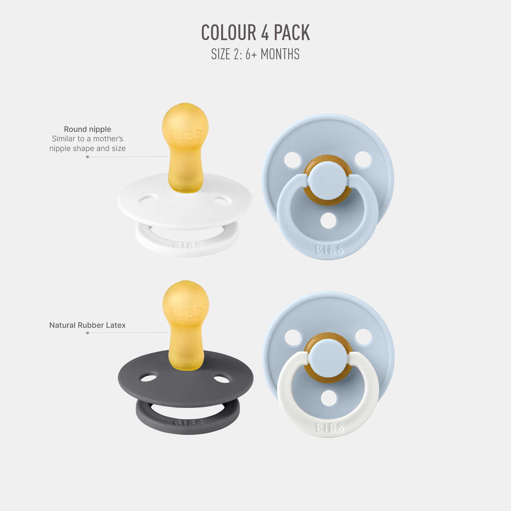 BIBS Colour Schnuller 4er-Pack, BPA-frei, Kirschform Nippel. Naturkautschuk/Latex, Hergestellt in Dänemark. 6-18 Monate (4er Pack), Iron Mix