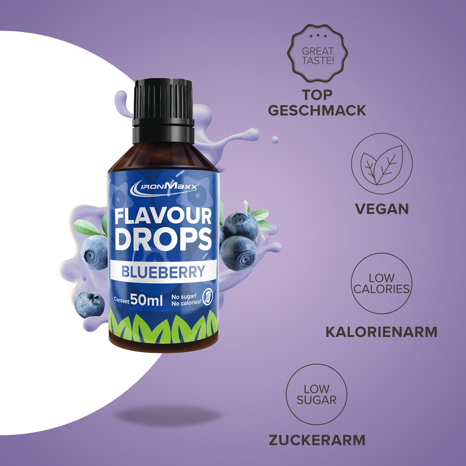 IronMaxx Flavour Drops - Vanilla 50ml | kalorienfrei & zuckerfrei | vegane Aromatropfen zum süßen von Lebensmitteln | praktischer Tropfer-Verschluss