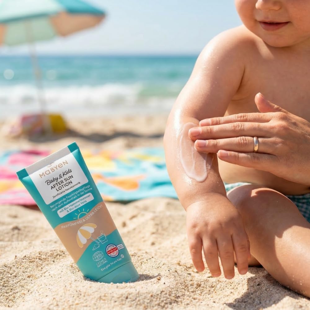 MABYEN Baby & Kids Sonnenspray LSF 50 und After Sun Lotion Set, 100% mineralischer UV-Filter aus Zinkoxid, parfümfrei, COSMOS Natural, 150 ml + 180 ml