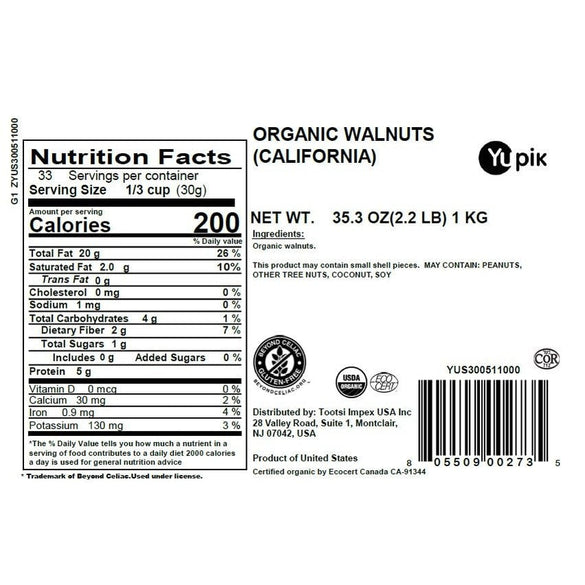 Yupik Organic Raw California Walnuts, Halves, 2.2 lb (35.2 oz), Kosher, Gluten-Free, Non-GMO, Vegan, Half Nuts, Unsalted, Unroasted, Source of Omegas, Healthy Snacks, Ideal for Baking & Cooking