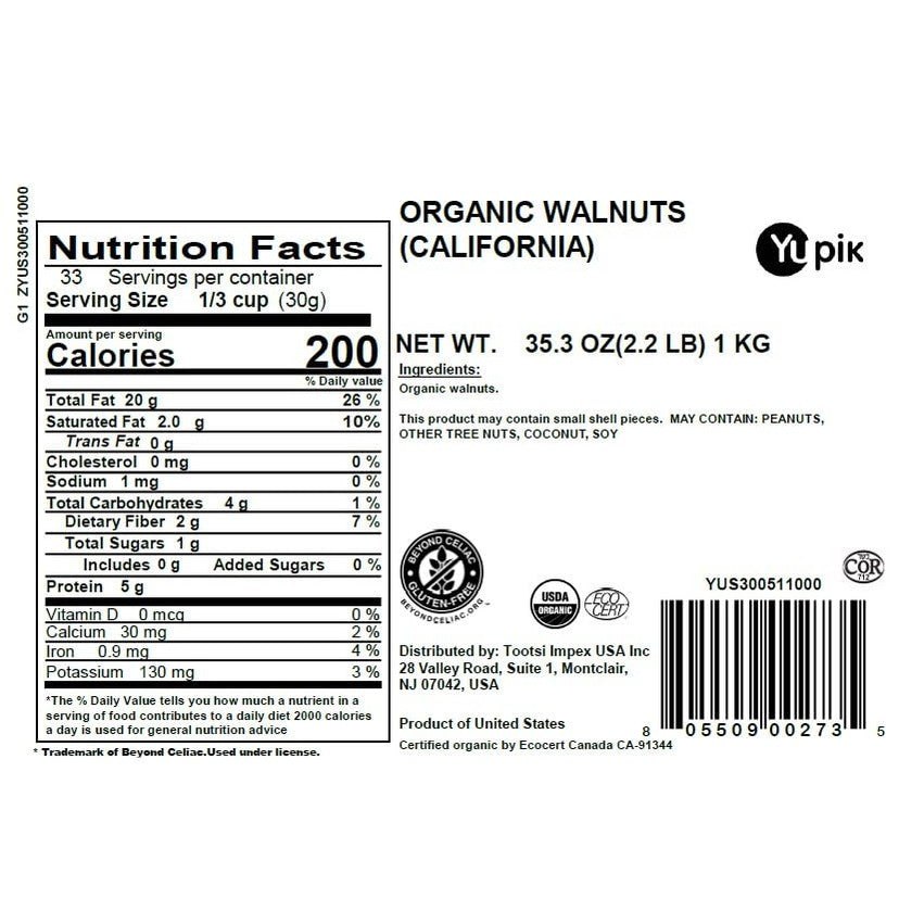 Yupik Organic Raw California Walnuts, Halves, 2.2 lb (35.2 oz), Kosher, Gluten-Free, Non-GMO, Vegan, Half Nuts, Unsalted, Unroasted, Source of Omegas, Healthy Snacks, Ideal for Baking & Cooking
