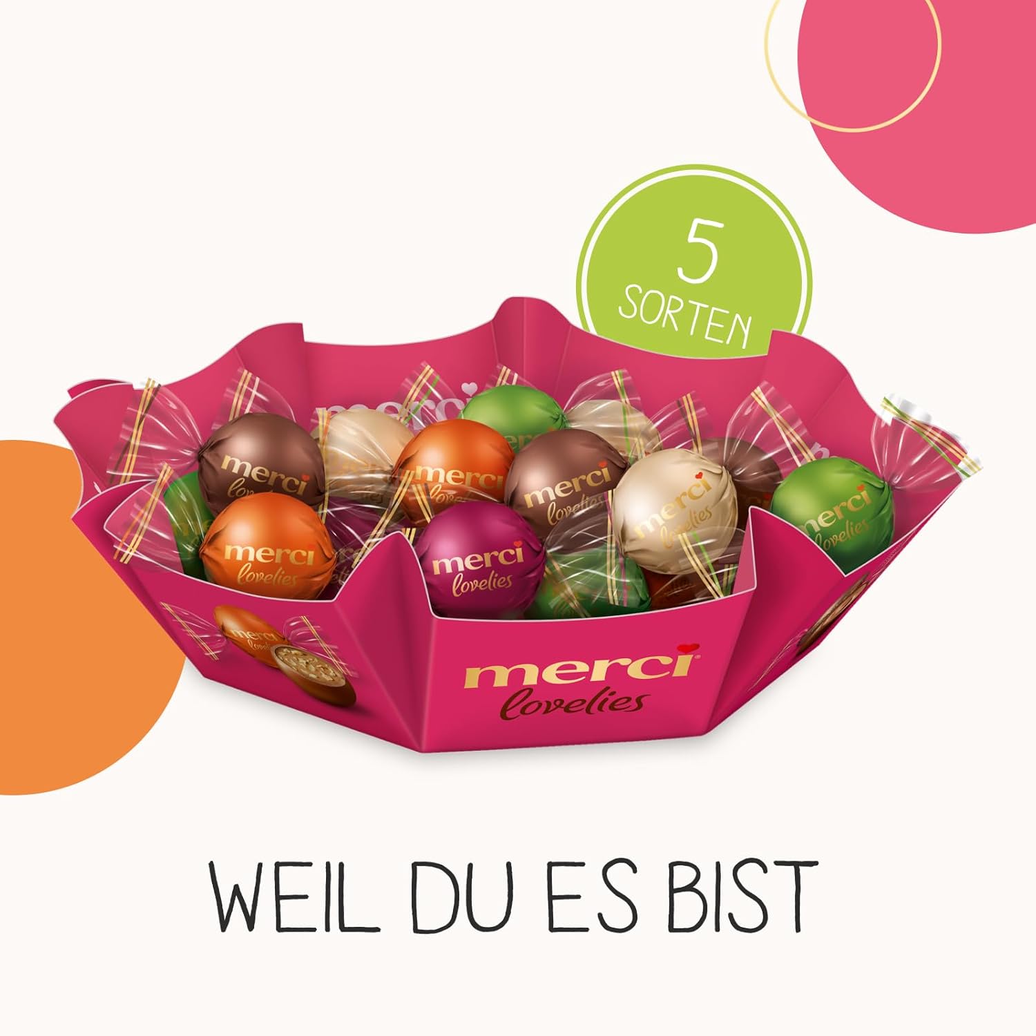 merci lovelies Classic – 1 x 185 g – Pralinen-Schachtel mit 5 gefüllten Schokoladen-Spezialitäten – Schokokugeln zum Teilen & Verschenken