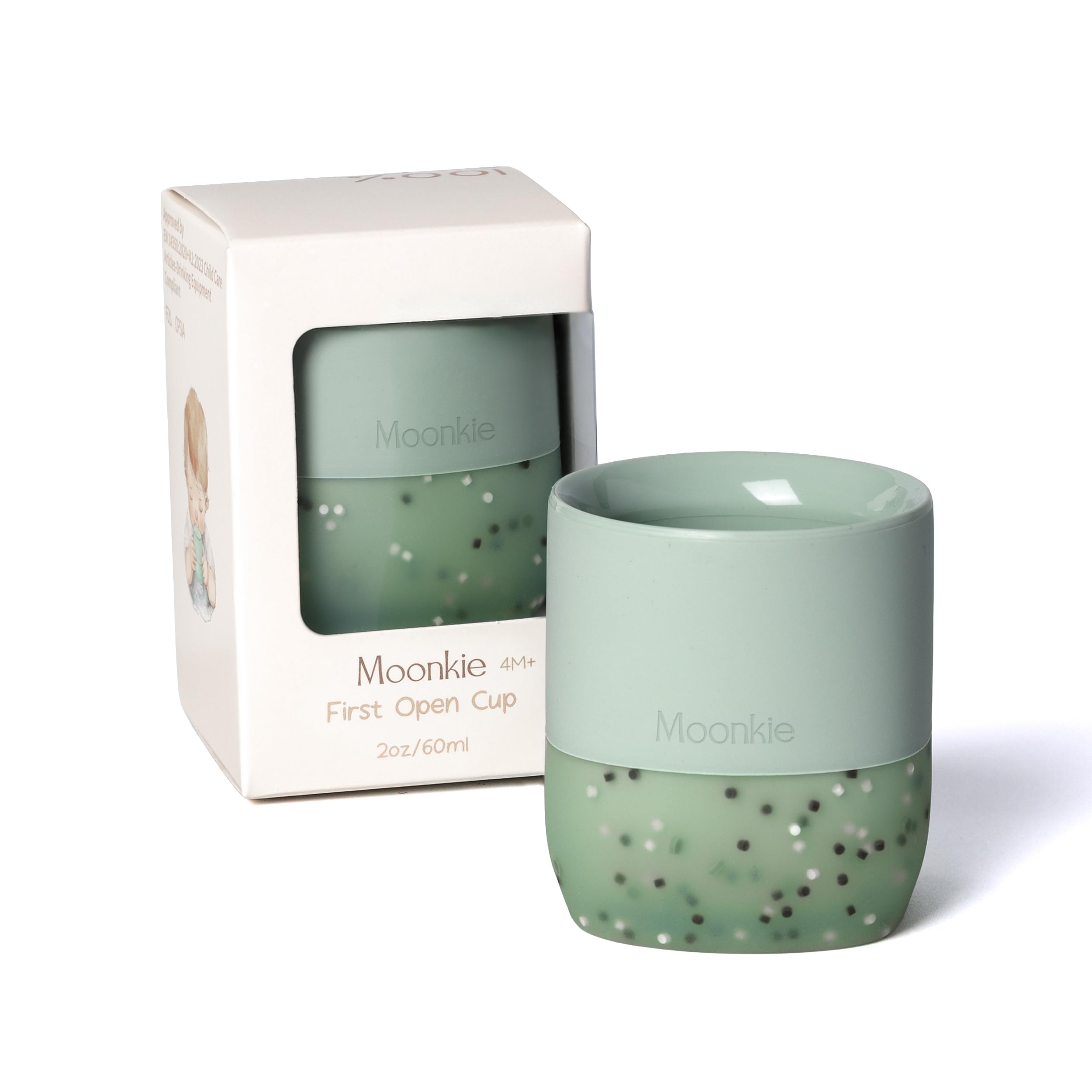Moonkie Trinklernbecher Baby Silikon | 2er-Pack Offener Lernbecher ab 4 Monate | BPA-frei | mit Messskala | 60ml Tiny Cup(Äther/Mint)