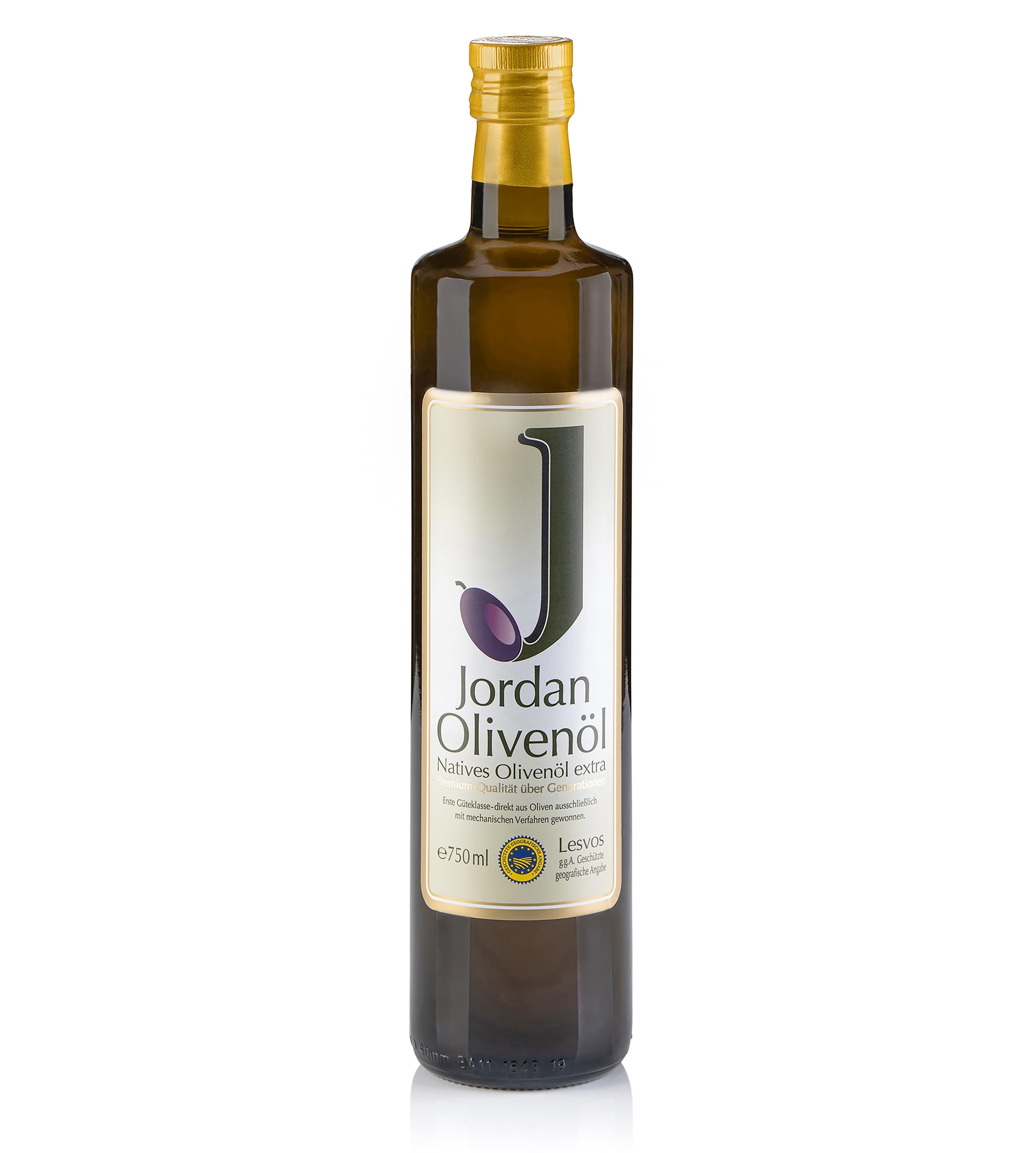 Jordan Olivenöl – Natives Olivenöl Extra - Flasche - 750 Milliliter - Öl kaltgepresst - griechische Oliven von Lesbos aus Jordans Olivenhainen - Ölflasche mit integriertem Ausgiesser & Tropfschutz