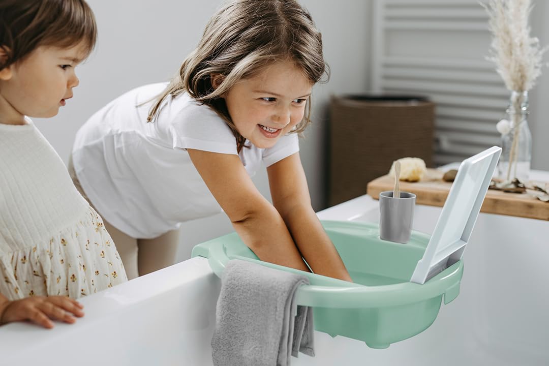 Rotho Babydesign Kiddy Wash - Kinderwaschbecken - Waschbecken - mobiles Kinderwaschbecken für die Badewanne - mit Spiegel- Ideal für Bad & Kinderzimmer grün