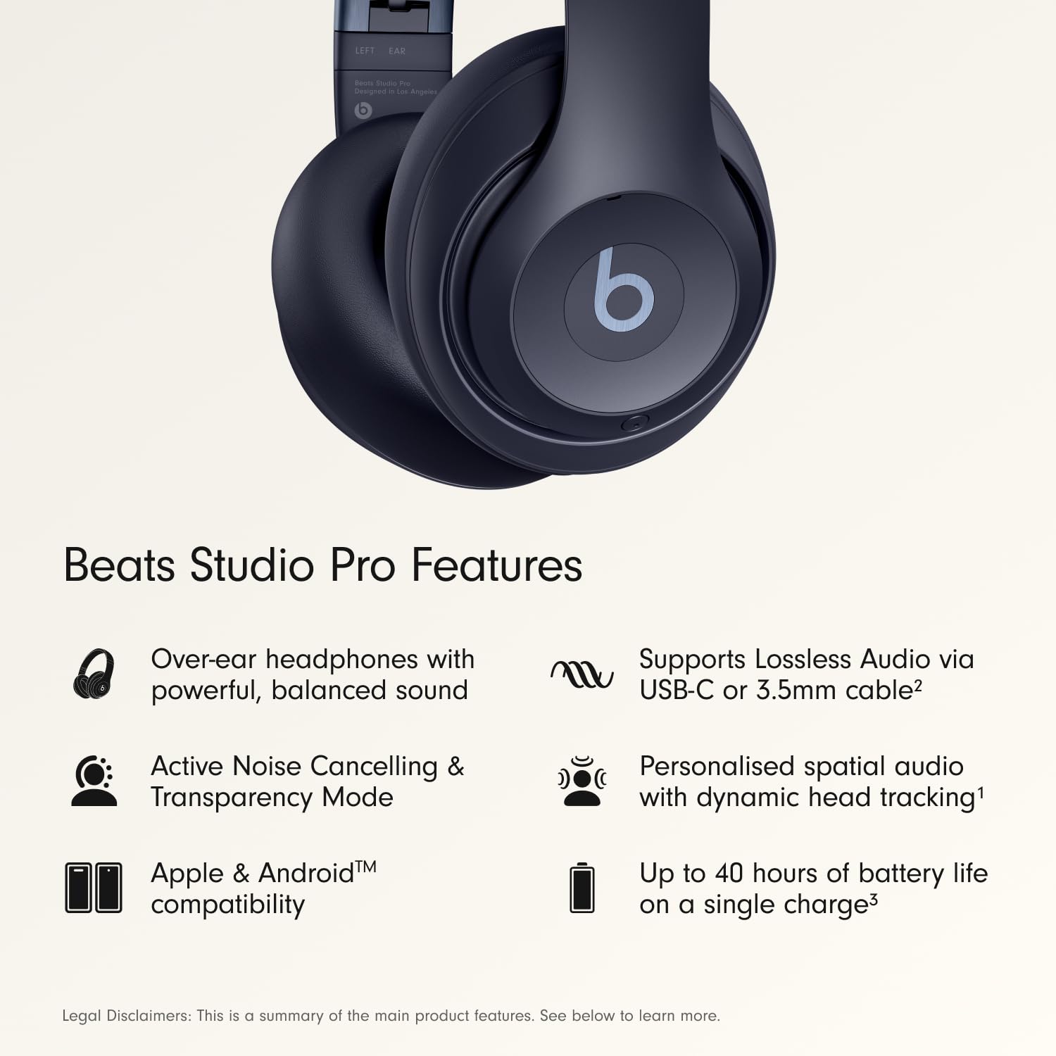Beats Studio Pro Premium Wireless Over-Ear Headphones- Up to 40-Hour Battery Life, Active Noise Cancelling, Great for Travel & Commuting, USB-C Lossless Audio, Apple & Android Compatible -Black