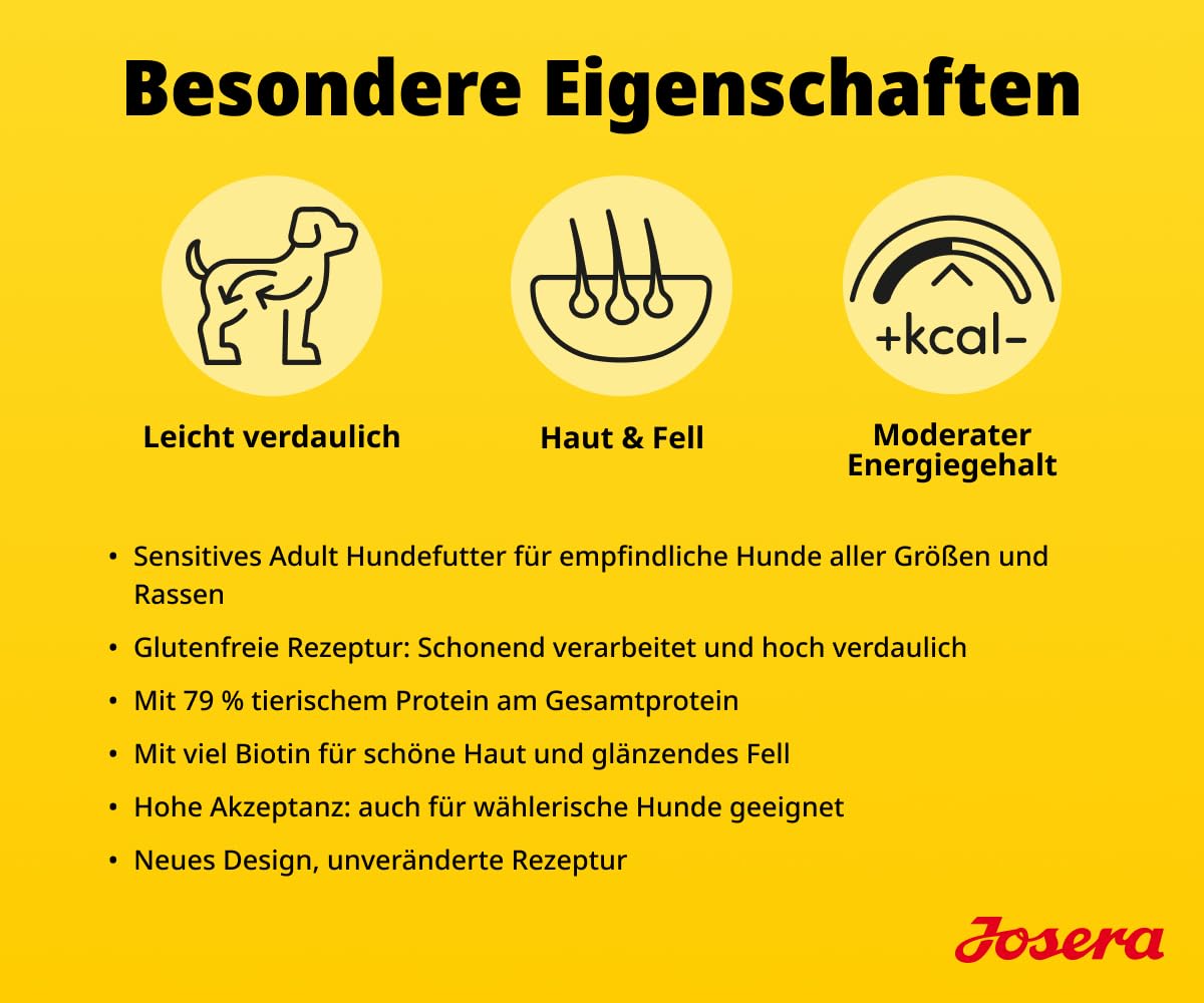 JOSERA Adult SensiPlus Ente & Reis (1 x 12,5 kg) | Premium Trockenfutter für ausgewachsene empfindliche Hunde | mit viel Biotin für gesunde Haut & Fell | hoch verdaulich | glutenfrei | 1er Pack