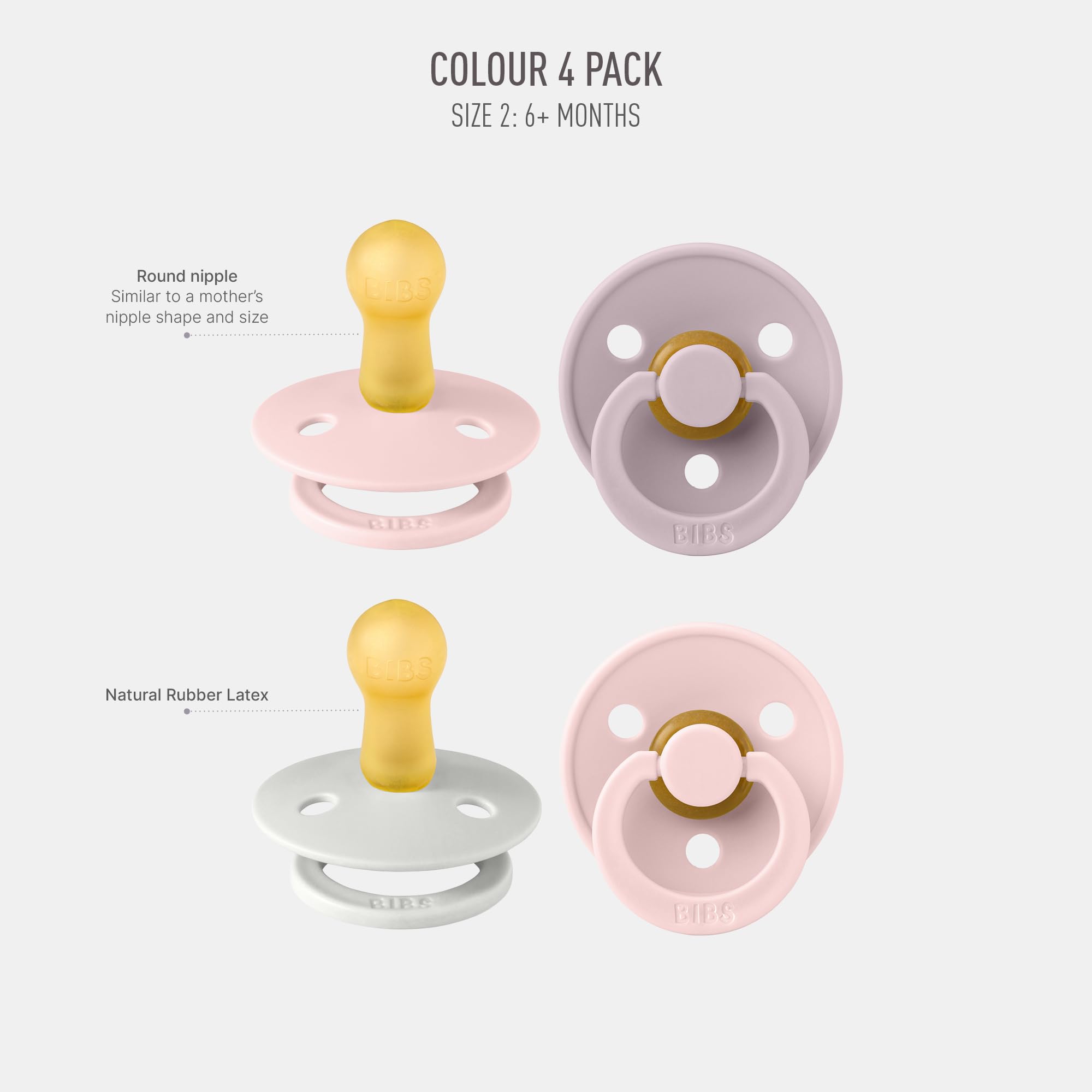 BIBS Colour Schnuller 4er-Pack, BPA-frei, Kirschform Nippel. Naturkautschuk/Latex, Hergestellt in Dänemark. 6-18 Monate (4er Pack), Iron Mix