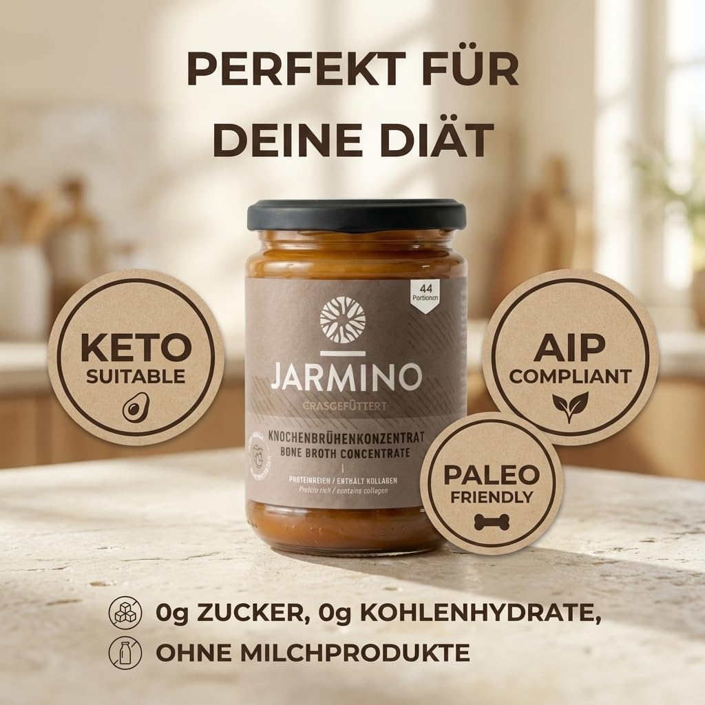 JARMINO Bio Rinderknochenbrühe Konzentrat, Grasgefütterte Brühe für Menschen, Flüssige Knochenbrühe mit Kollagenprotein, Keto, Paleo & AIP geeignet, Rinderbrühe, 440 g, 44 Portionen