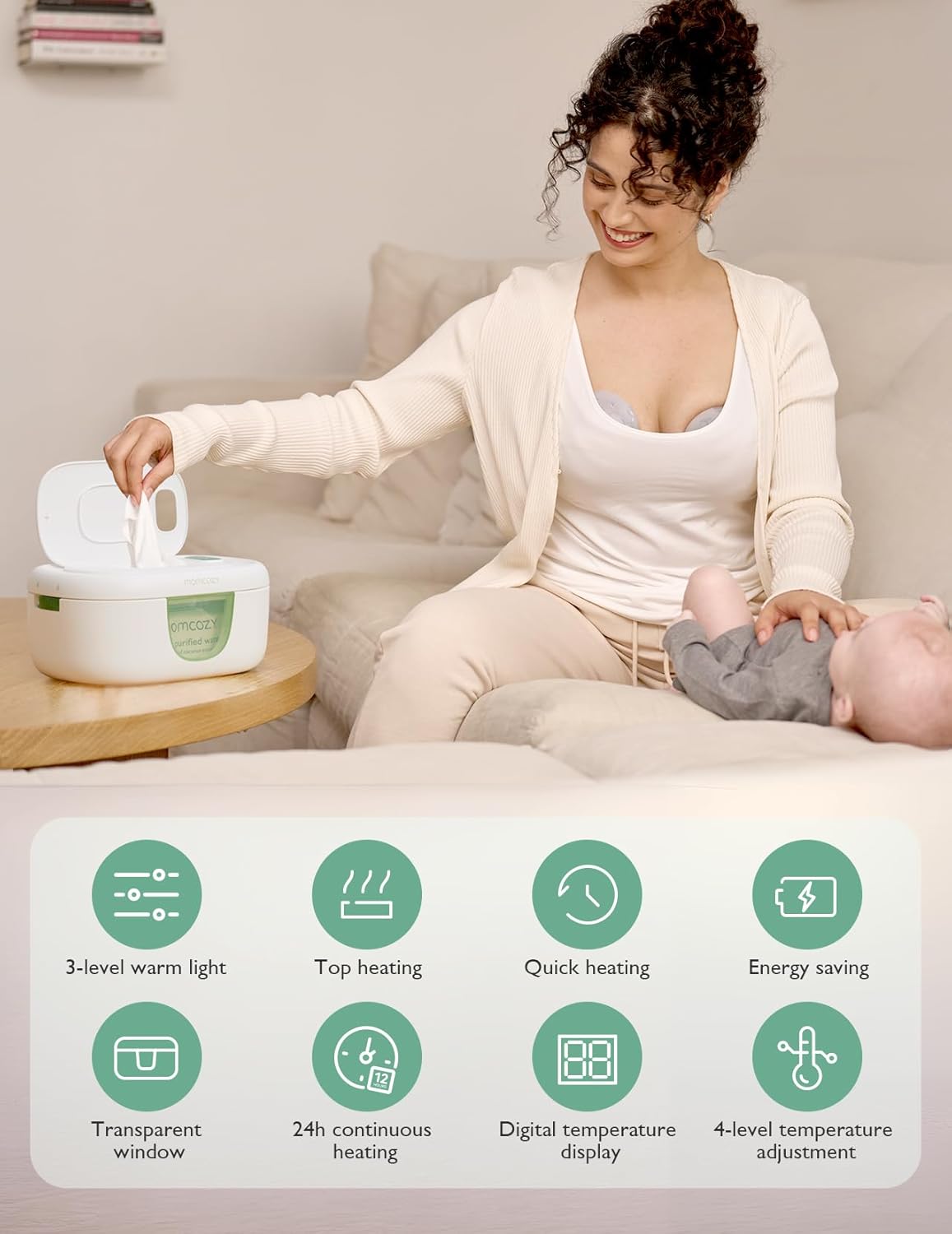 Momcozy Feuchttuch Wärmer, Federdesign, Feuchttücher Box mit großem Fassungsvermögen, schnelles und gleichmäßiges Erwärmen, Temperaturregelung mit 4 Heizmodi, Feuchttuchwärmer mit Nachtlicht