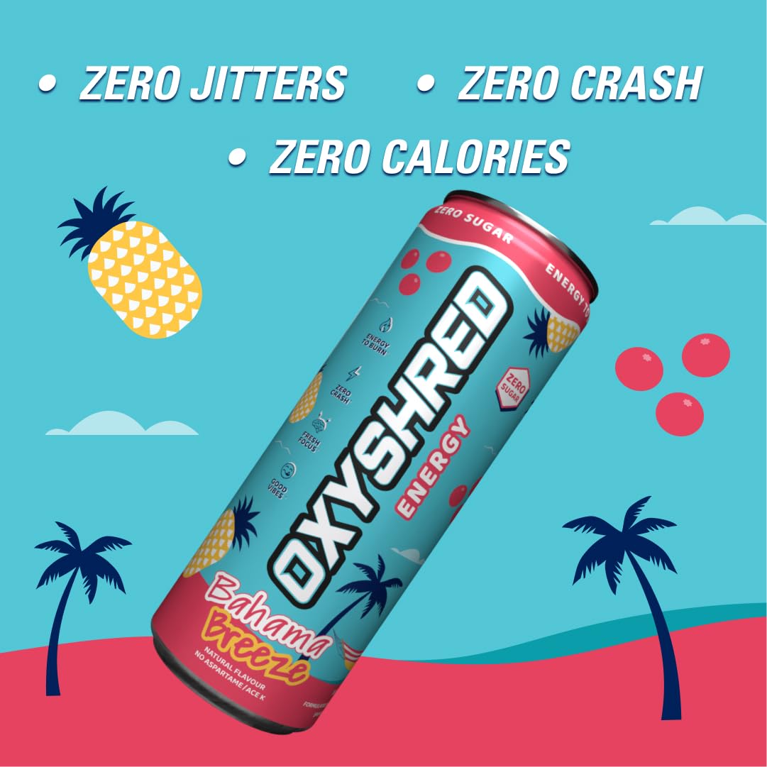 EHP Labs OxyShred Healthy Energy Drink - Zero Sugar Energy Drinks with Amino Acids, Green Tea Extract, Vitamin C & L-Carnitine - Zero Carbs, Zero Calories, Clean Caffeine, Bahama Breeze (12-Pack)
