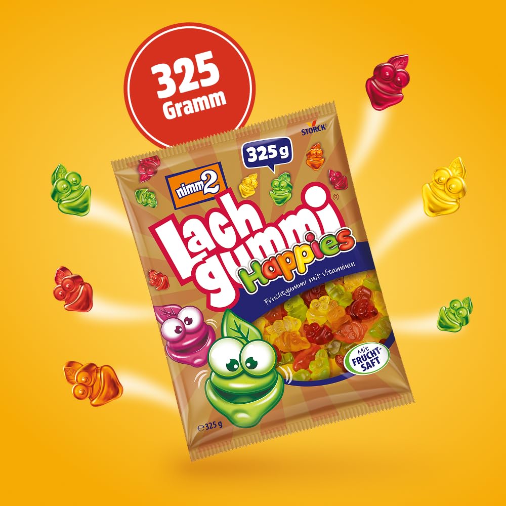 nimm2 Lachgummi Happies – 1 x 325 g – Fruchtgummis mit Fruchtsaft und Vitaminen – Süßigkeit in sechs Geschmacksrichtungen