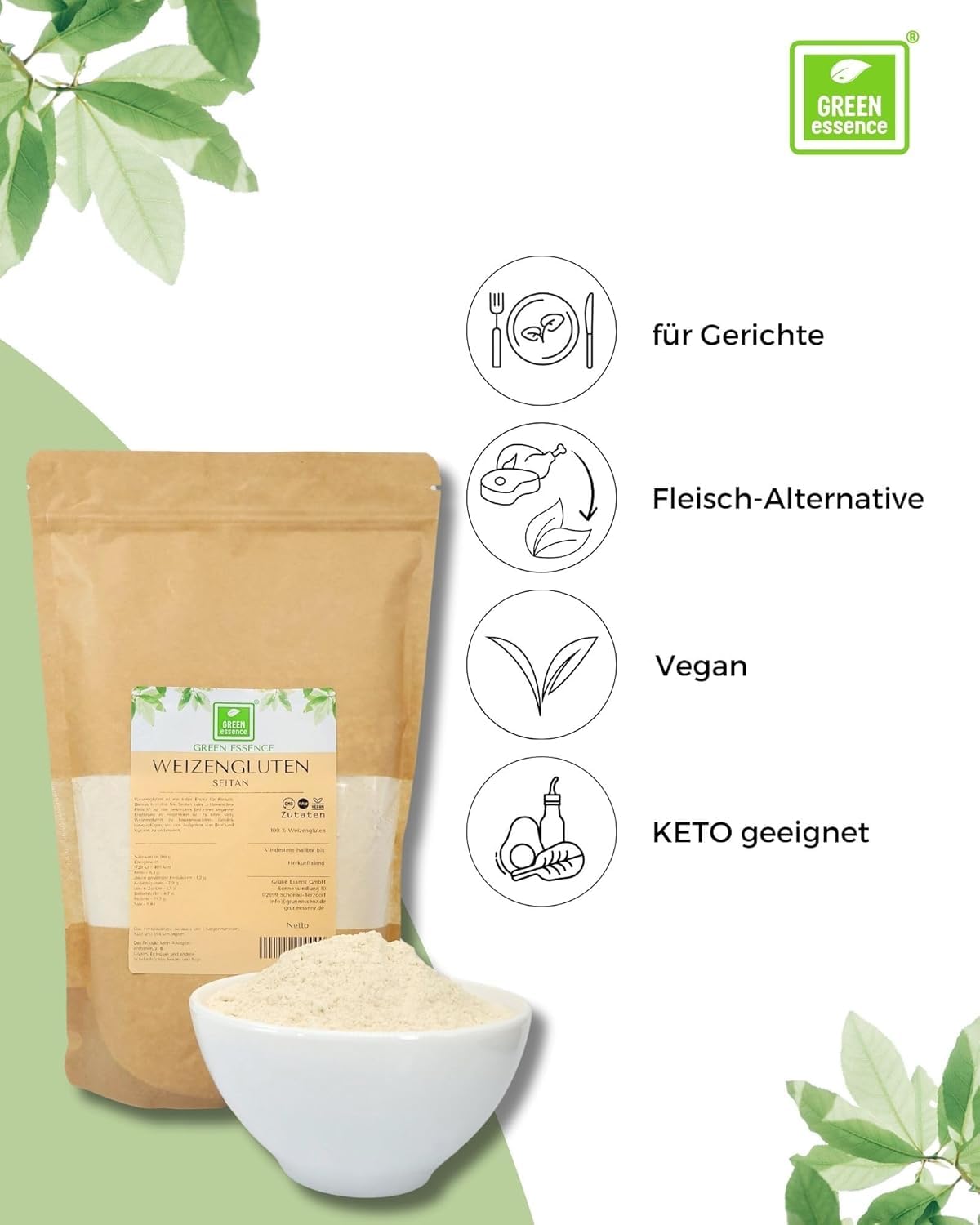Weizengluten von der Grünen Essenz - veganer Fleischersatz - Seitan Basis Pulver - Weizenkleber low carb - natürliches Verdickungsmittel - rein pflanzlich - Weizeneiweiß