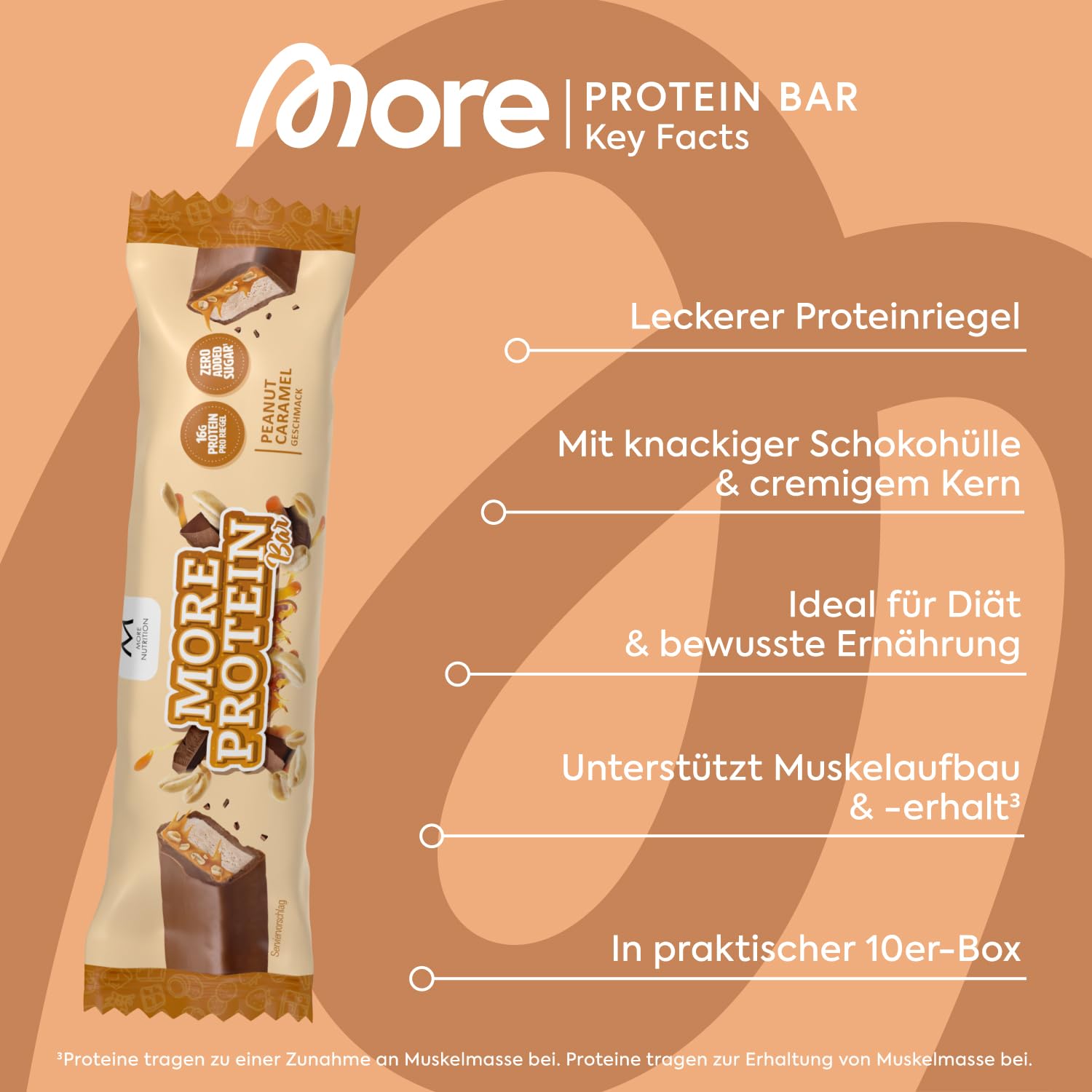 MORE Protein Bar, 10er Box, White Chocolate Peanut Caramel, Protein Riegel ohne Zuckerzusatz (Design kann variieren)