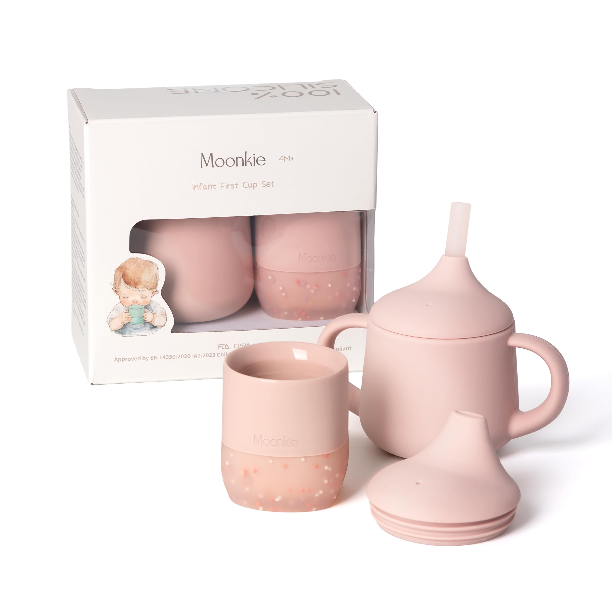 Moonkie Trinklernbecher Baby Silikon | 2er-Pack Offener Lernbecher ab 4 Monate | BPA-frei | mit Messskala | 60ml Tiny Cup(Äther/Mint)