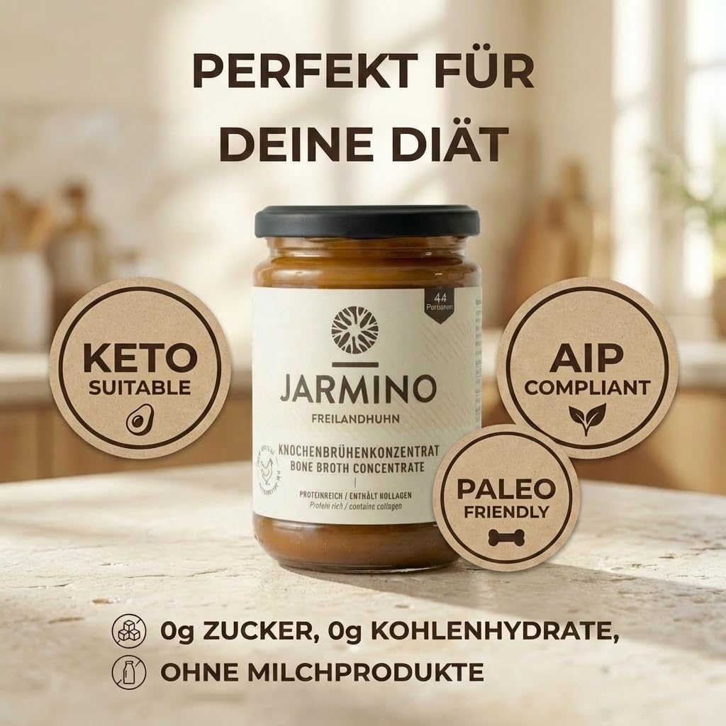 JARMINO Bio Rinderknochenbrühe Konzentrat, Grasgefütterte Brühe für Menschen, Flüssige Knochenbrühe mit Kollagenprotein, Keto, Paleo & AIP geeignet, Rinderbrühe, 440 g, 44 Portionen