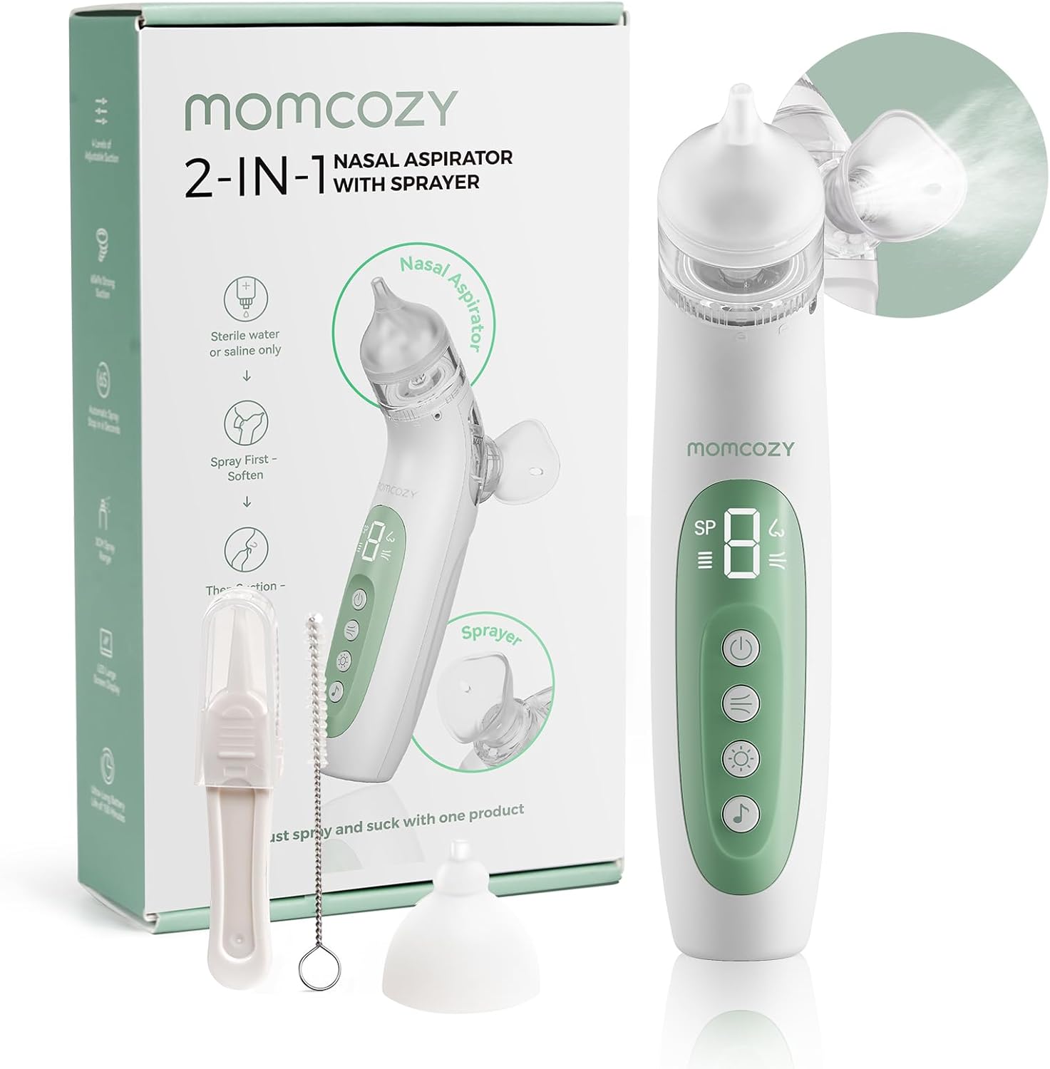 Momcozy BN007 BreezyClear Nasensauger Baby elektrisch, 2-in-1 mit Sprühfunktion, 65 kPa Saugkraft, 4 Stufen, leise & tragbar, mit Licht & Musik