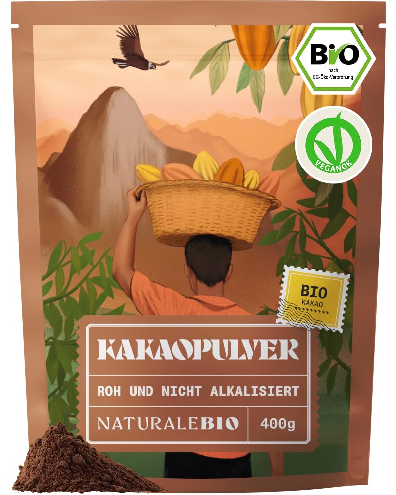 NaturaleBio Kakao Pulver Bio 1kg. Organic Cacao Pulver, Roh & Ungesüßt, Ideal für Getränke, Smoothies & Backen, Reich an Magnesium & Phosphor, Geprüft auf Schwermetalle