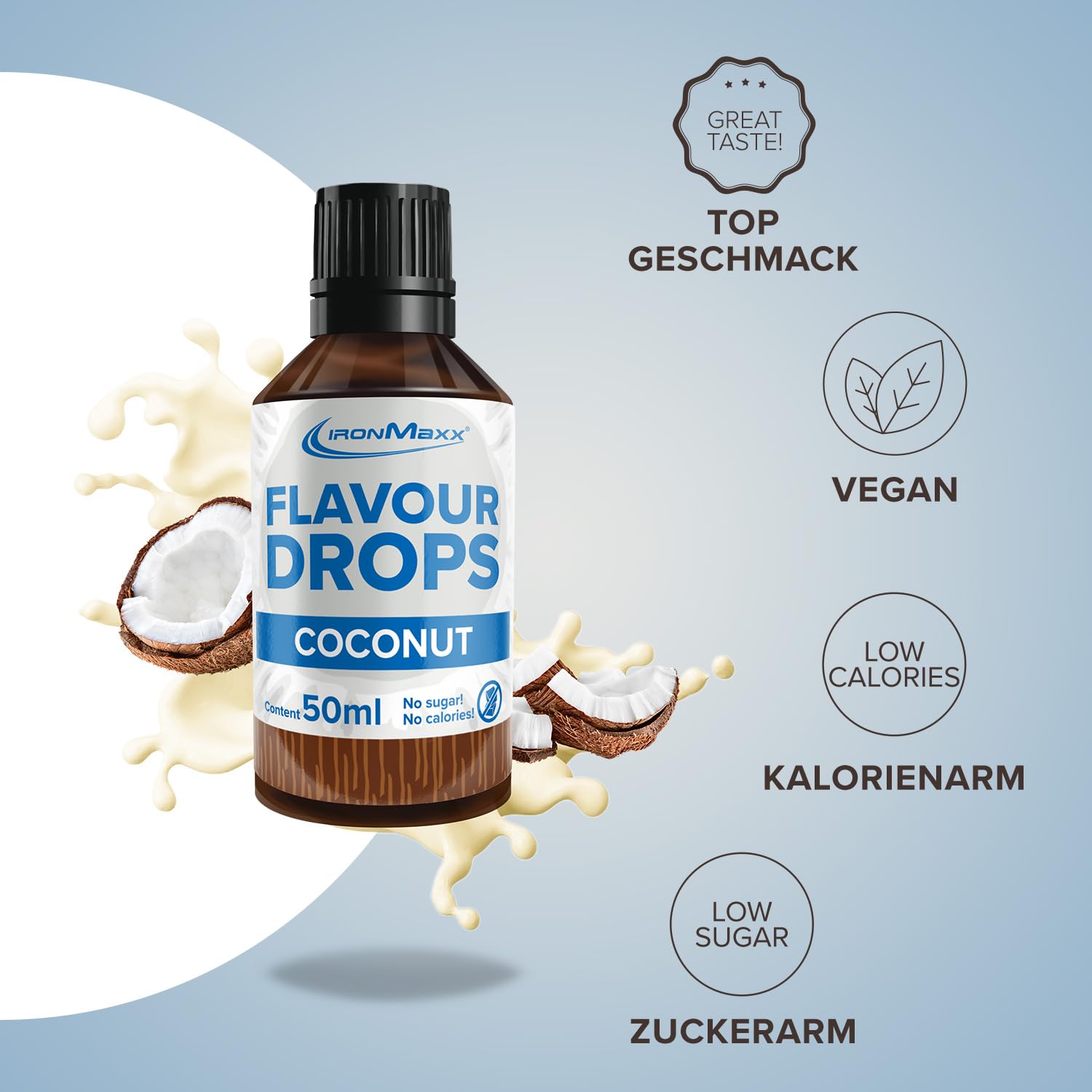 IronMaxx Flavour Drops - Vanilla 50ml | kalorienfrei & zuckerfrei | vegane Aromatropfen zum süßen von Lebensmitteln | praktischer Tropfer-Verschluss