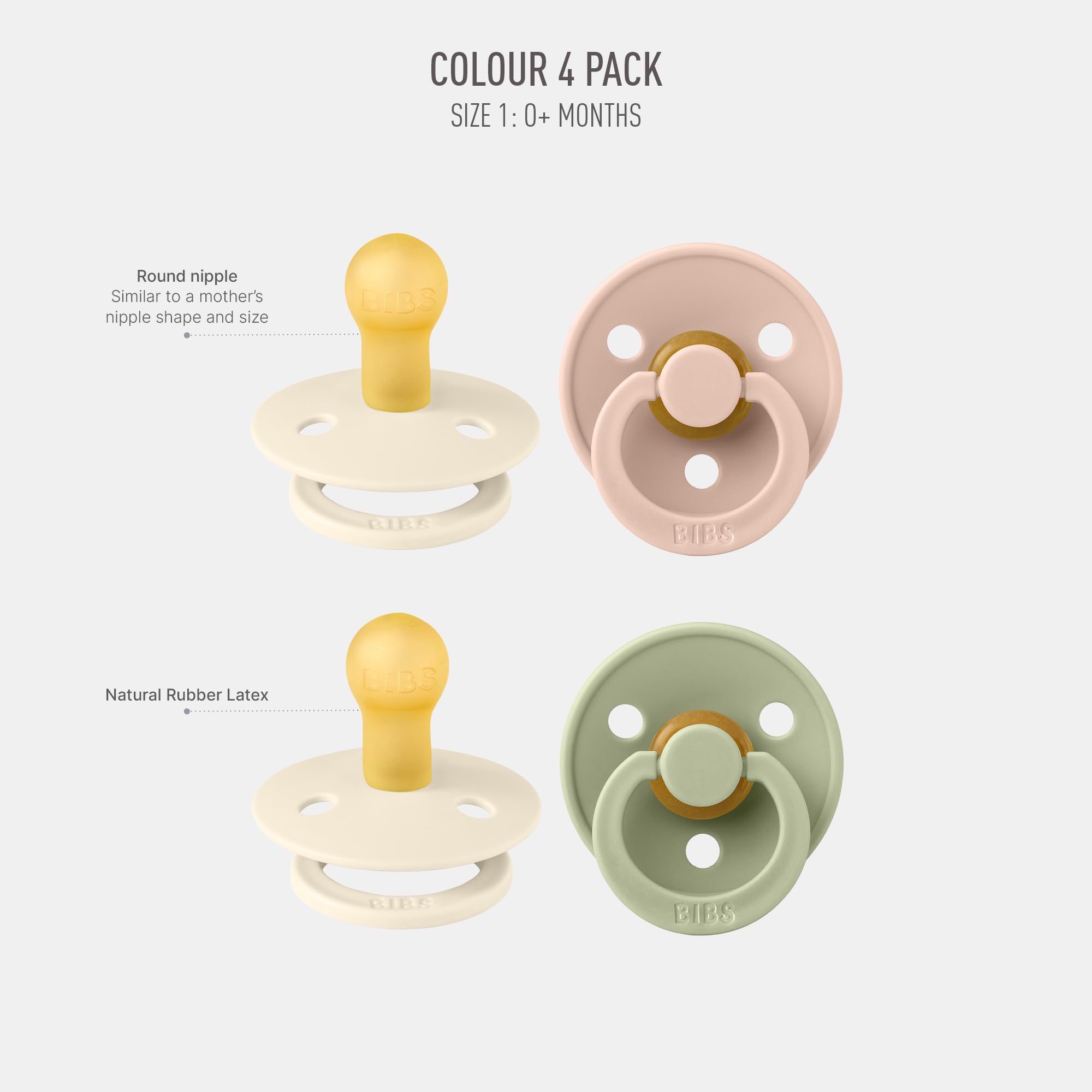 BIBS Colour Schnuller 4er-Pack, BPA-frei, Kirschform Nippel. Naturkautschuk/Latex, Hergestellt in Dänemark. 6-18 Monate (4er Pack), Iron Mix