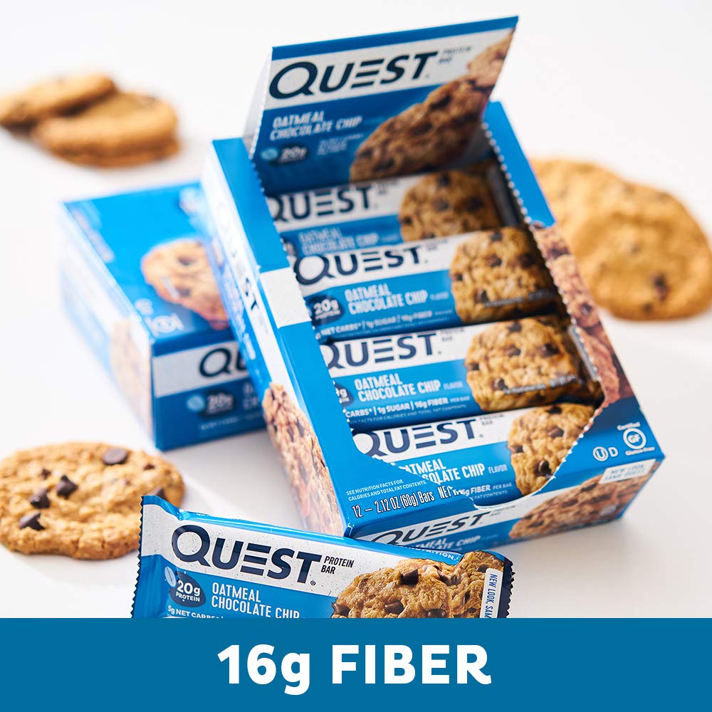 Quest Nutrition Chocolate Chip Dough Cookie Protein Bars, 21g Protein, 1g Sugar, 4g Net Carbs, High Fiber, Gluten Free, Keto-Friendly, 12 Count