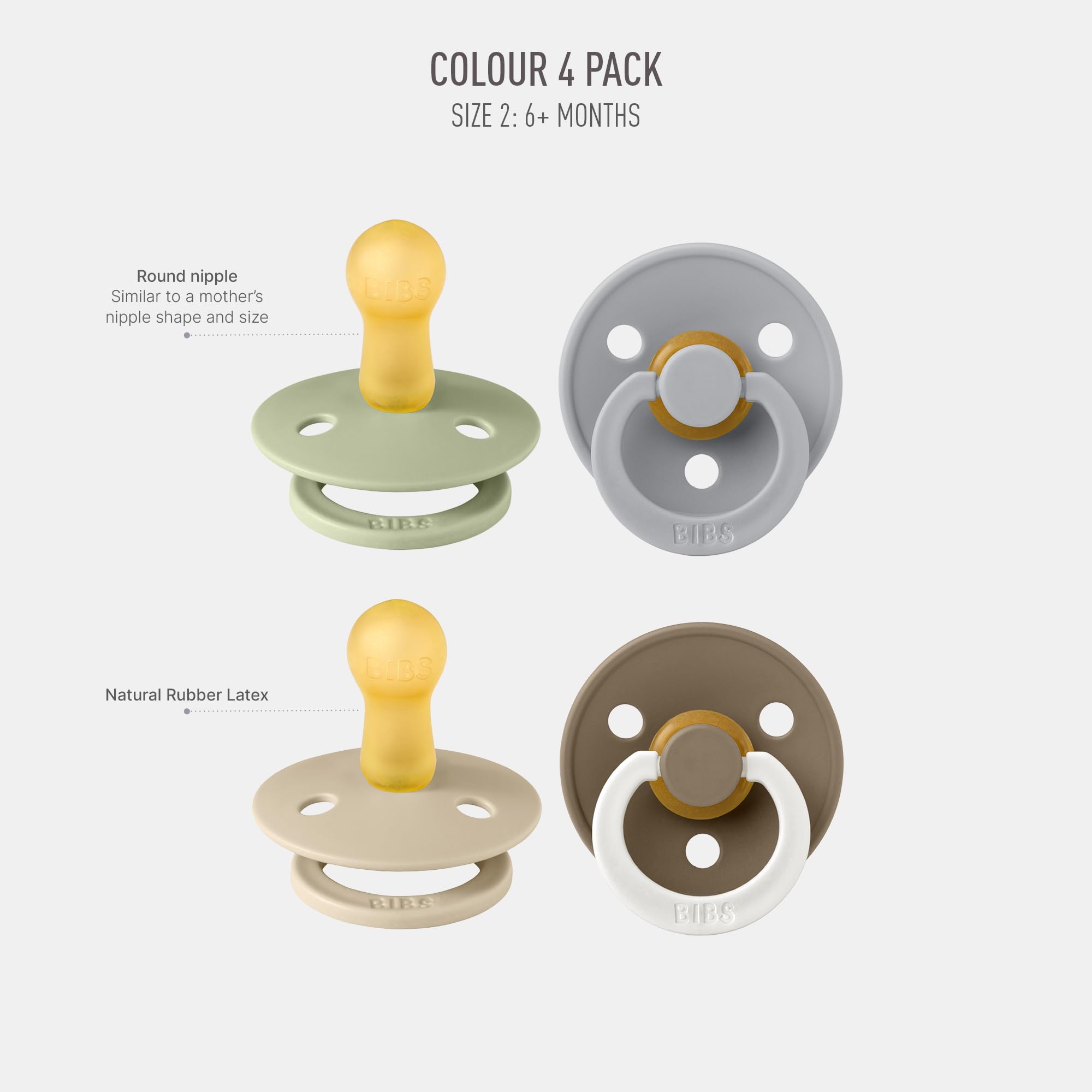BIBS Colour Schnuller 4er-Pack, BPA-frei, Kirschform Nippel. Naturkautschuk/Latex, Hergestellt in Dänemark. 6-18 Monate (4er Pack), Iron Mix