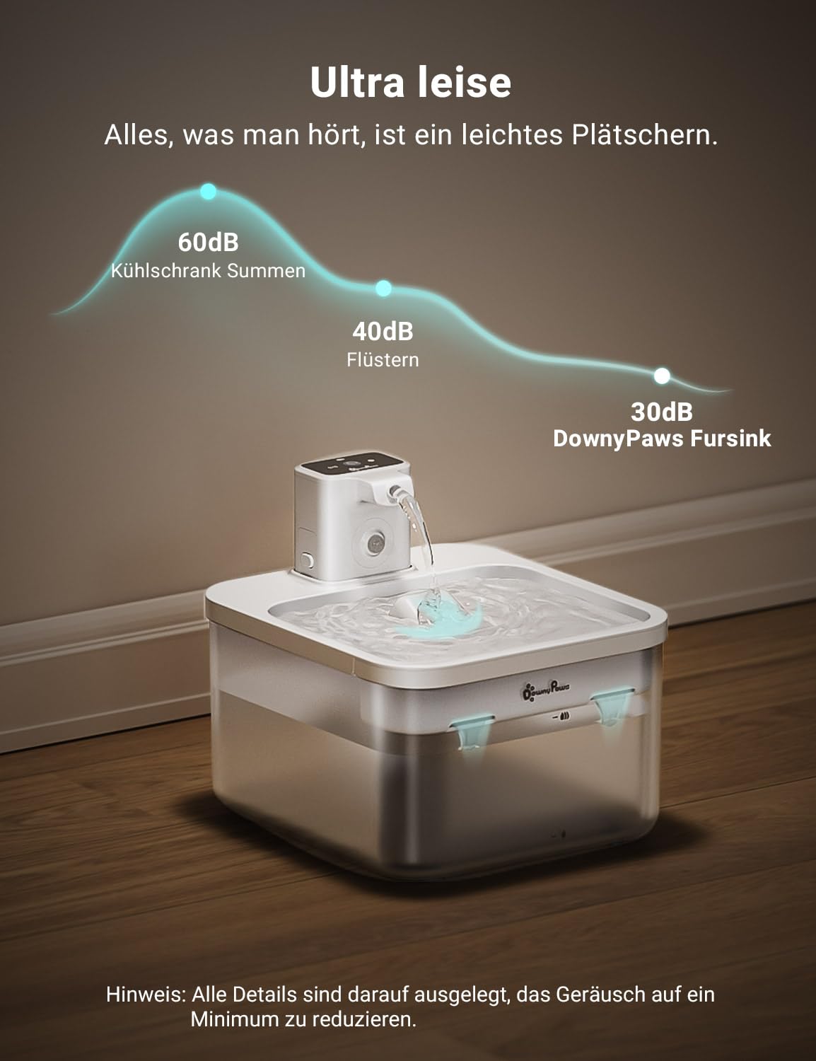 DownyPaws 2.5L Trinkbrunnen für Katze Kabellos, Katzenbrunnen Kabellos mit Bewegungsmelder, Batteriebetrieben Katzentrinkbrunnen, 4000mAh, Leise Wasserpumpe, Tablett aus Edelstahl für Katze, Schwarz